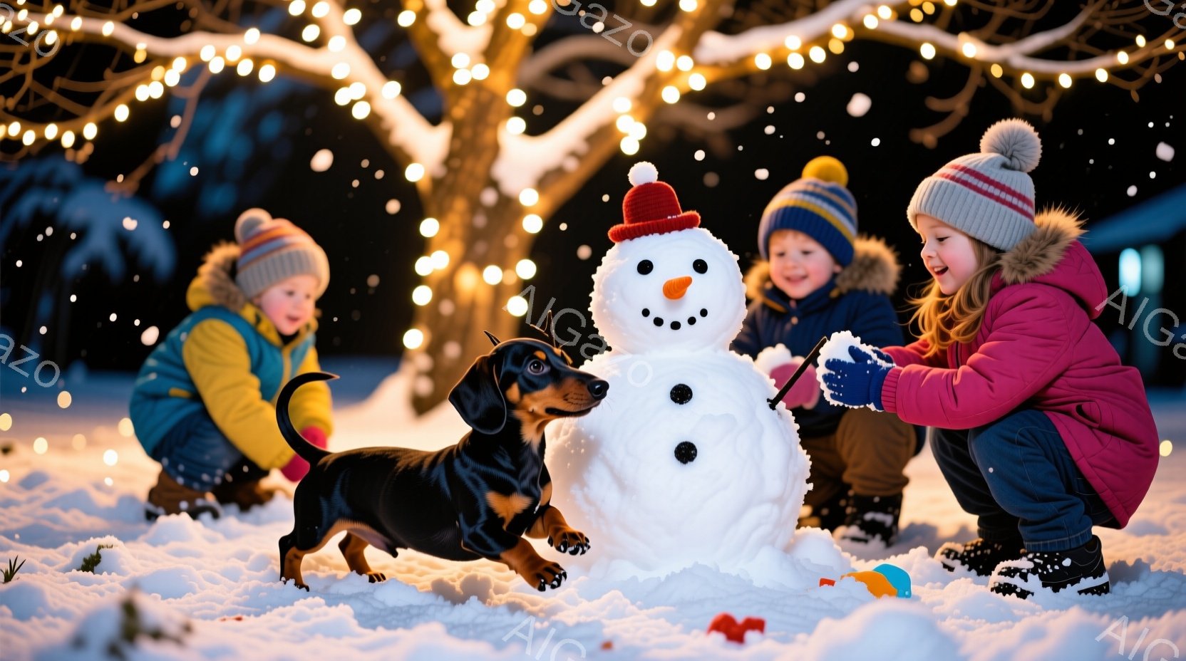 暖炉のそばにある、明るい茶色の肘掛け椅子に、ダックスフンドが丸まって座っています。犬はオフホワイトのざっくりとした編み物のショールに包まれ、落ち着いた表情でカメラを見つめています。背景には、ぼやけたク - AI生成フリー素材