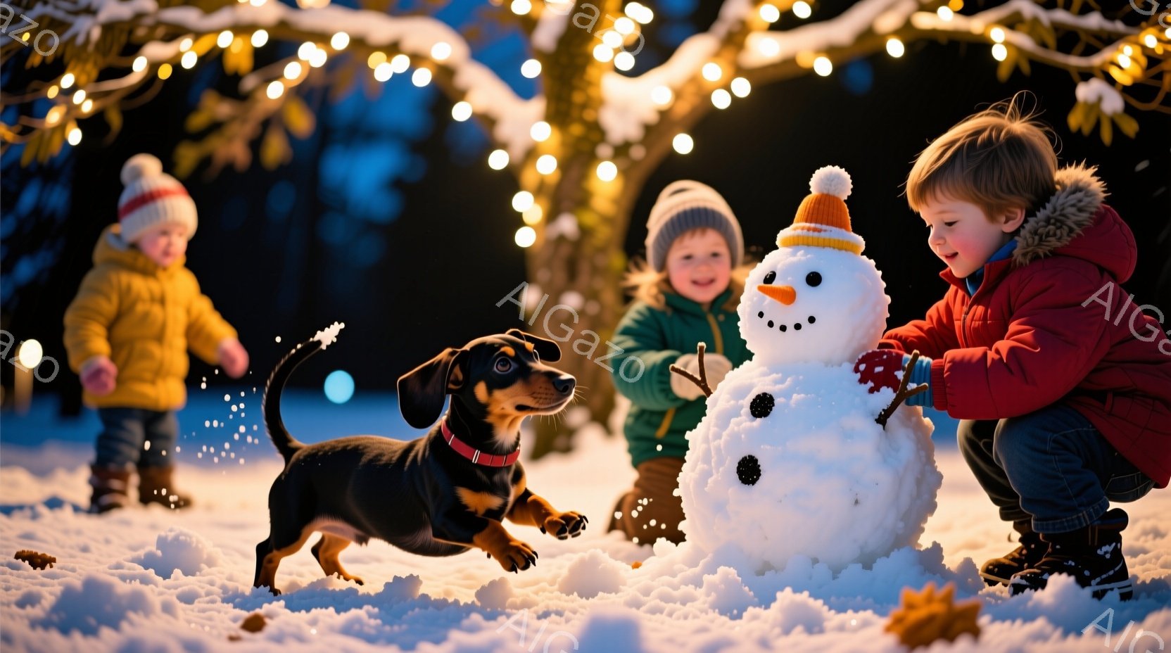 雪景色の中で、幼い少年たちが雪だるまを作っています。一人は赤いジャケットを着て雪だるまの腕を作っていて、もう一人は黄色いジャケットと帽子をかぶり、雪を投げたりしています。背景にはライトが飾られ、自然豊 - AI生成フリー素材