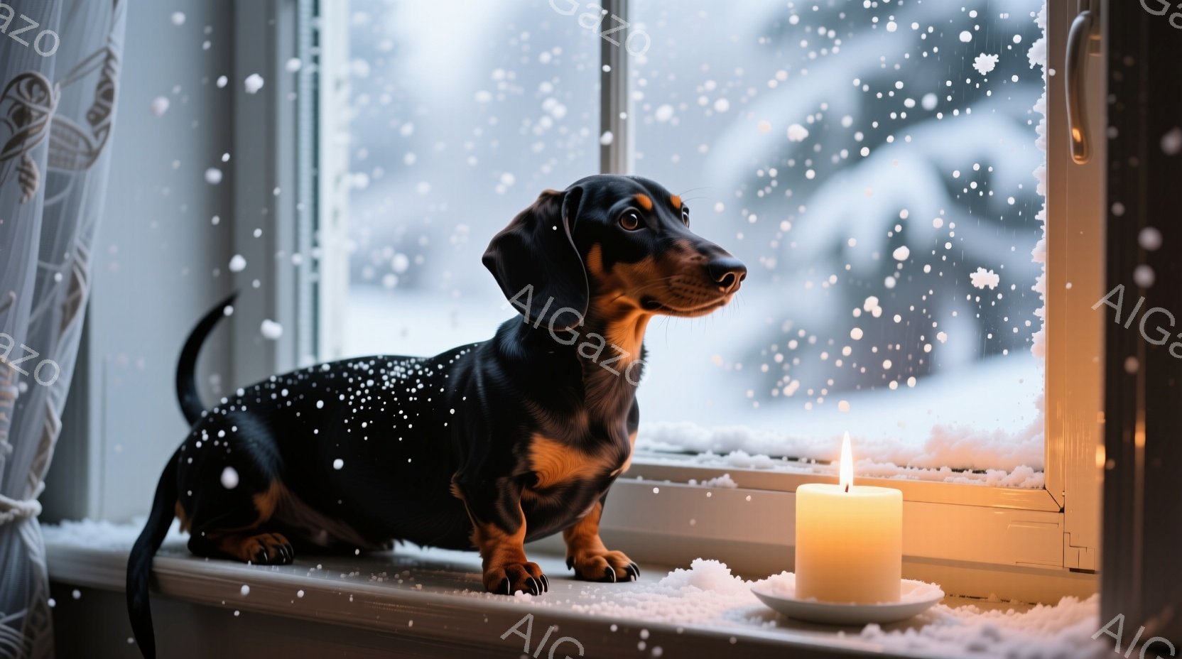 雪が降る窓辺に、ダックスフンドが立っています。黒と茶色の毛並みで、少し緊張した表情で外を見つめています。窓の外には雪景色が広がり、室内には温かい光を放つキャンドルが置かれ、穏やかで冬らしい雰囲気が漂っ - AI生成フリー素材