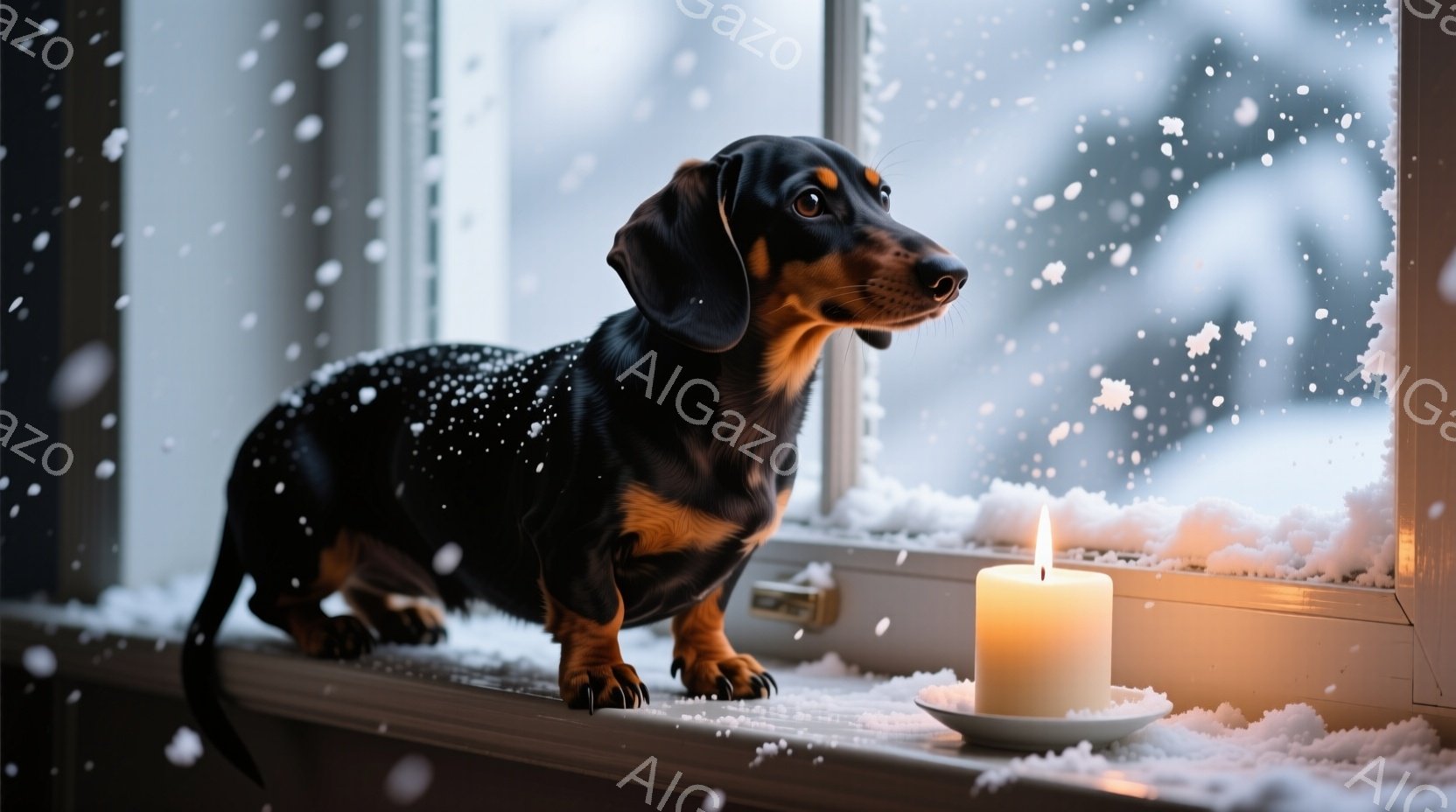 黒と茶色のダックスフントが窓辺に立ち、外の雪景色を眺めている。窓枠には白いキャンドルが灯されており、暖かく穏やかな雰囲気を醸し出している。雪が舞い降りる冬の背景が、犬の静かな佇まいと相まって、静寂で心 - AI生成フリー素材