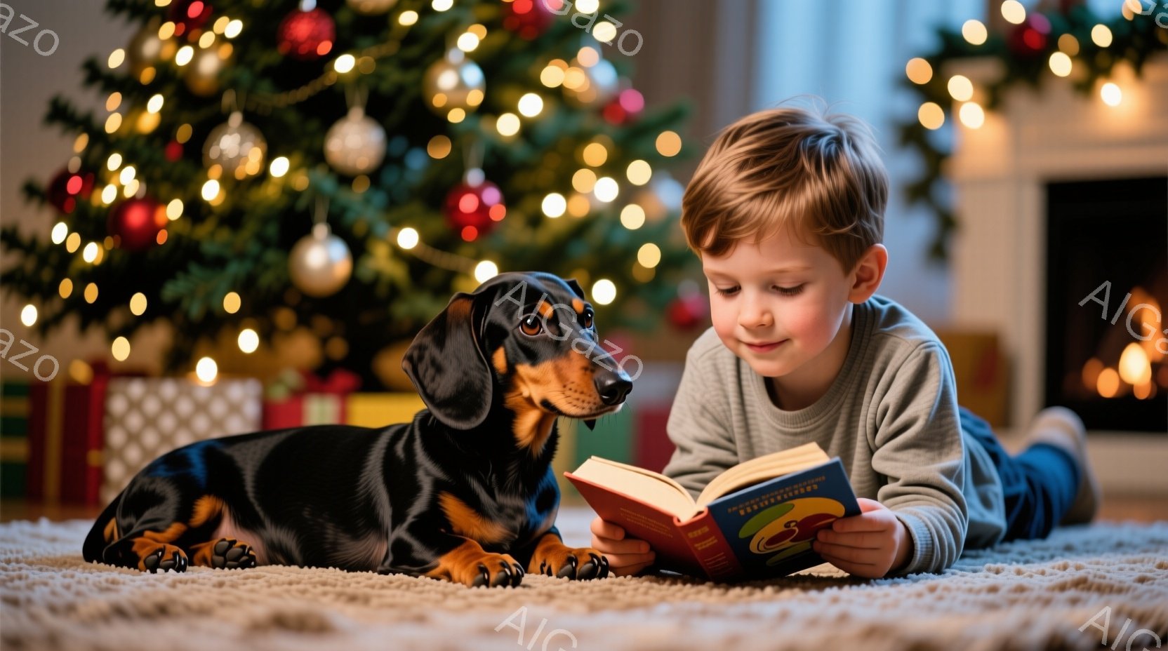 茶色い毛の少年が、クリスマスの飾り付けられたツリーのそばのカーペットの上で本を読んでいます。少年はグレーのセーターを着ており、横になって膝を曲げて本に集中した表情をしています。黒と茶色のダックスフント - AI生成フリー素材