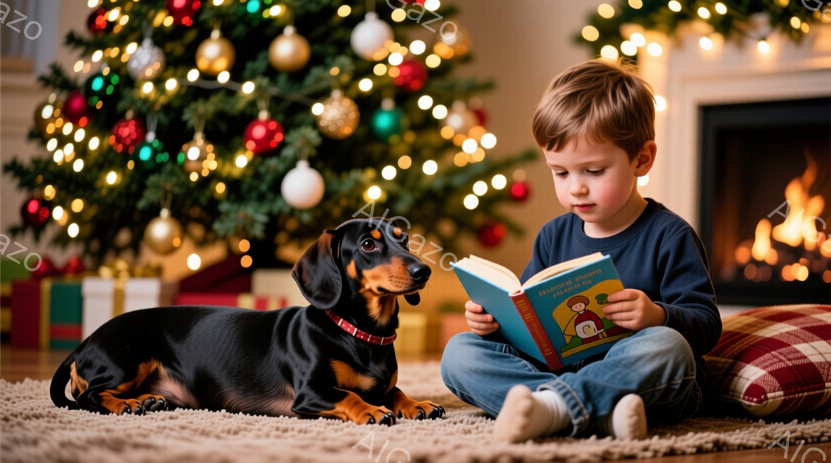 少年は、敷物の上で膝を曲げて座り、絵本を熱心に読んでいる。彼は青い長袖シャツとジーンズ、白い靴下を履いており、金髪は短く整えられている。背景には、クリスマスツリーが飾られ、暖炉の火が灯り、温かく家庭的 - AI生成フリー素材
