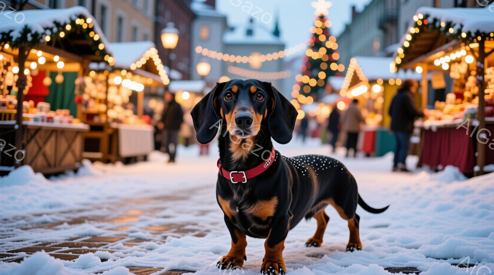 黒い毛並みと茶色のアクセントが特徴的なダックスフンドが、雪景色の中でこちらを見つめています。赤い首輪をつけ、凛とした表情で立ち姿を見せており、背景にはクリスマスマーケットの賑やかな光景が広がっています - AI生成フリー素材