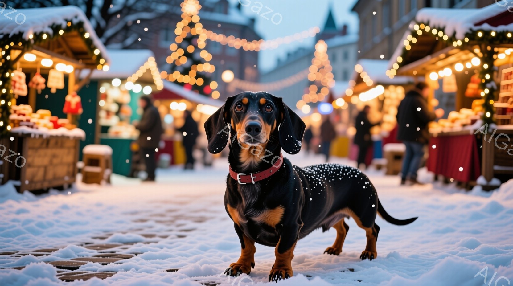 雪が降る石畳の道に、ダックスフントが佇んでいます。赤い首輪をつけ、前足をわずかに上げてカメラ目線で凛々しい表情を見せています。背景にはクリスマスマーケットのような賑やかな風景が広がり、温かい光が灯った - AI生成フリー素材