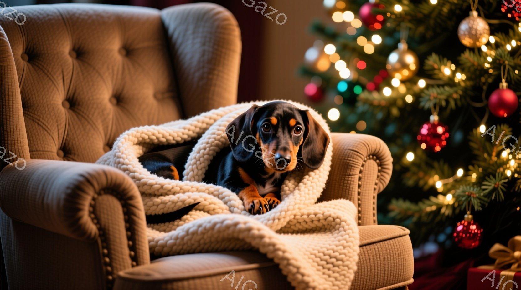 暖炉のそばにある、鋲で飾られた背もたれの大きなアームチェアに、ダックスフンドが丸まって座っています。犬は柔らかいクリーム色のニットブランケットに包まれ、リラックスした表情でカメラを見ています。背景には - AI生成フリー素材