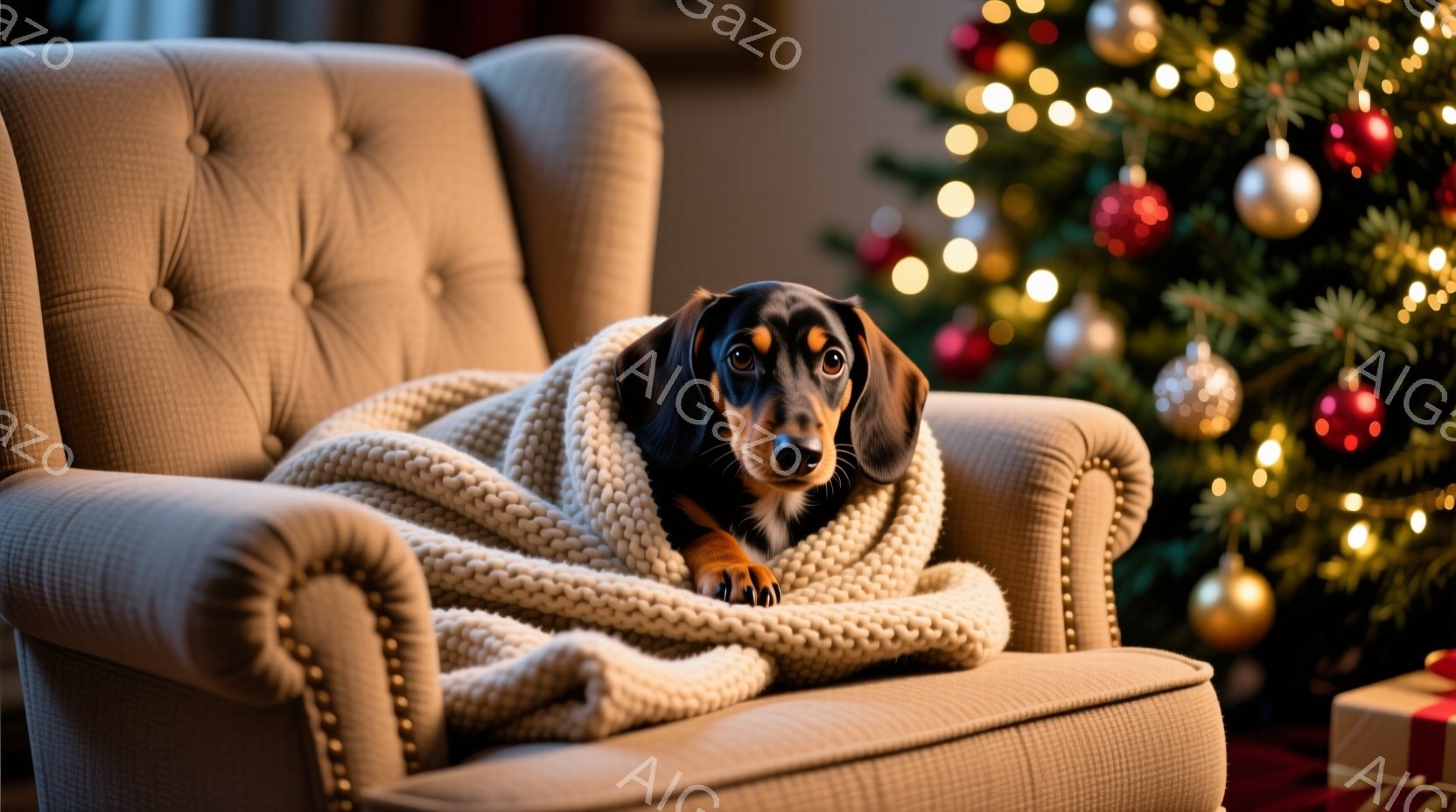 ソファに座ったダックスフンドが、クリーム色のざっくり編みニットで包まれています。犬はリラックスした表情で、ゆったりと座り、暖かく居心地の良い雰囲気を醸し出しています。背景にはクリスマスツリーが飾られ、 - AI生成フリー素材