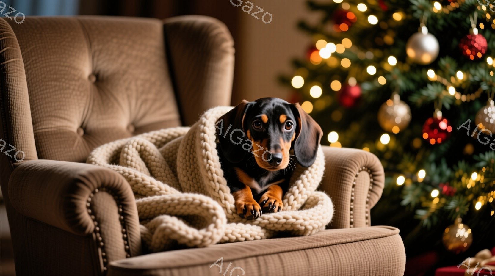 暖炉のような茶色の肘掛け椅子に、黒とタン色のダックスフントが丸まって座っています。その上には、太い編み物のオフホワイト色のブランケットがかけられています。背景には、ぼやけたクリスマスツリーの光があり、 - AI生成フリー素材