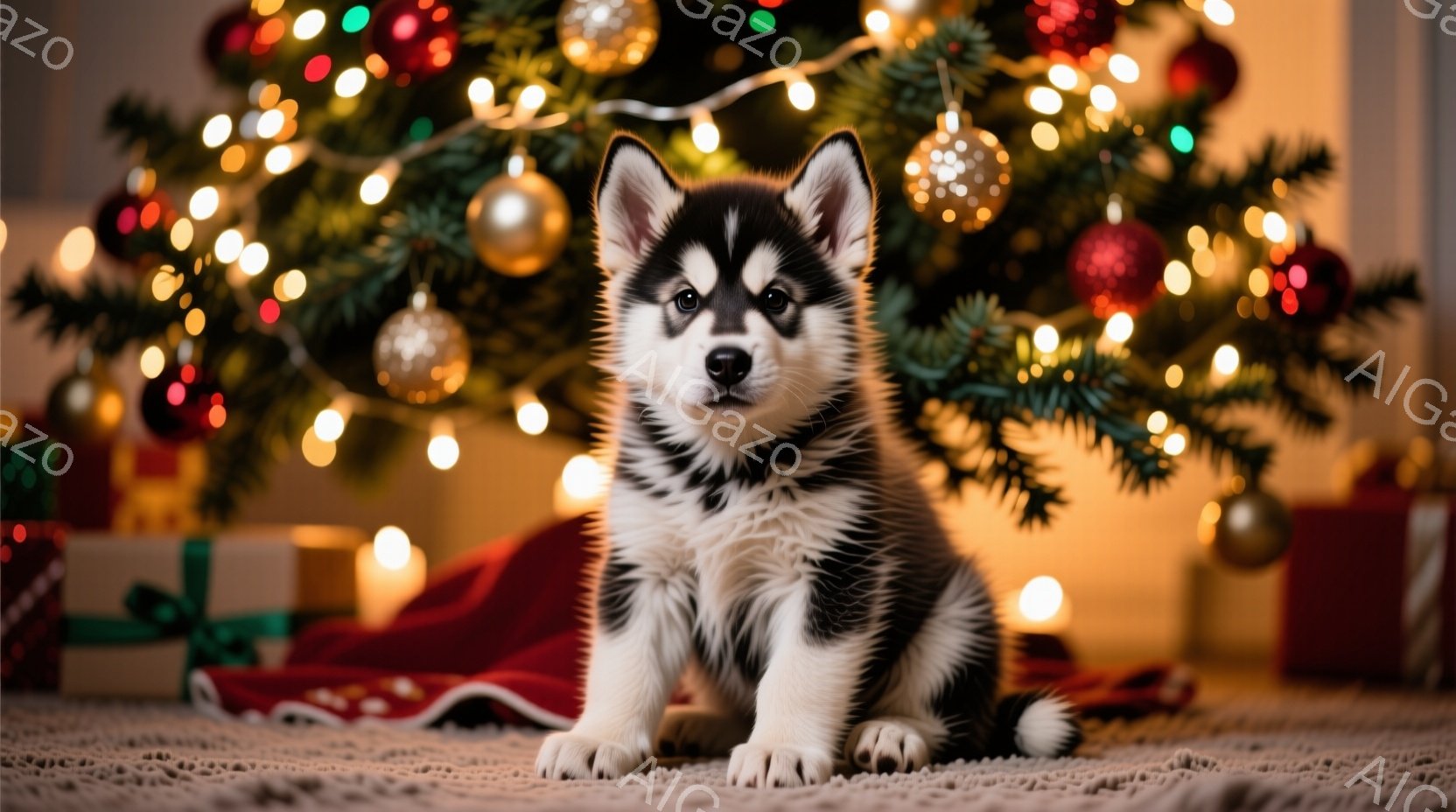 小さなシベリアンハスキーの子犬が、クリスマスツリーの前に座っています。背景には、色とりどりのオーナメントで飾られたクリスマスツリーと、ラッピングされたプレゼントが並んでいます。暖かく、お祝いの雰囲気で - AI生成フリー素材