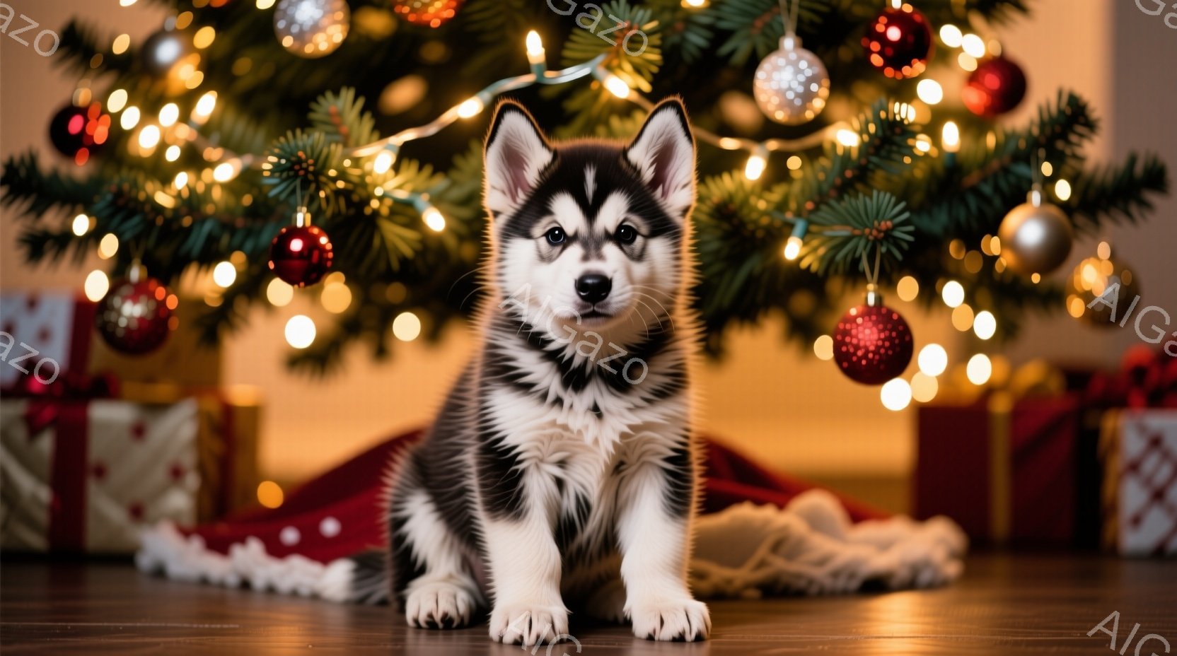 白と黒のハスキーの子犬が、赤い毛布とプレゼントが置かれたクリスマスツリーの下に座っています。子犬はまっすぐ前を見ており、少し警戒したような、または好奇心旺盛な表情をしています。背景は温かい光で満たされ、クリスマスの祝祭雰囲気を感じさせます。
