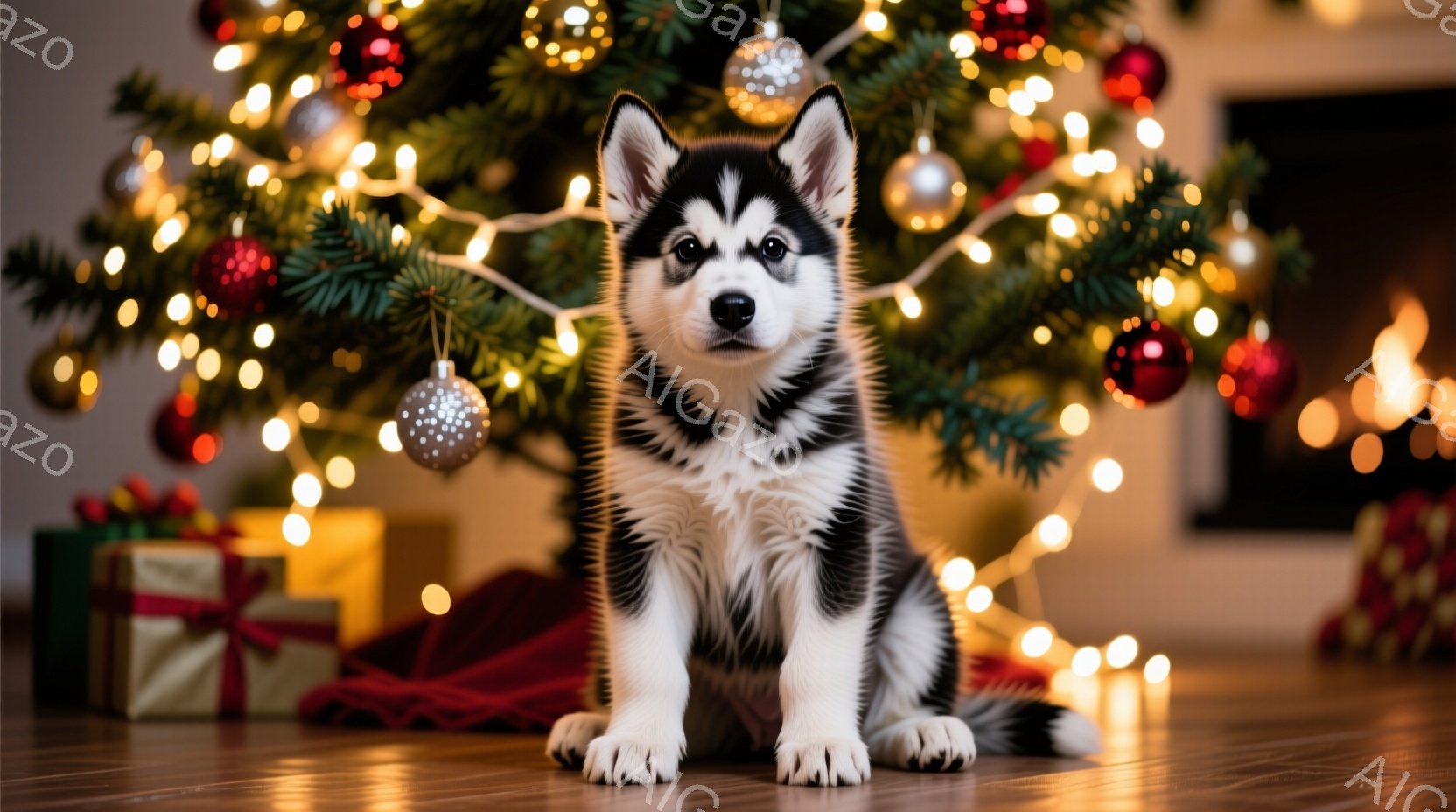 白と黒の毛並みを持つ子犬が、クリスマスツリーとプレゼントが置かれた床に座っています。子犬は正面を見ており、好奇心と少しの戸惑いが入り混じった表情をしています。背景には、温かい光を放つクリスマスツリーと - AI生成フリー素材