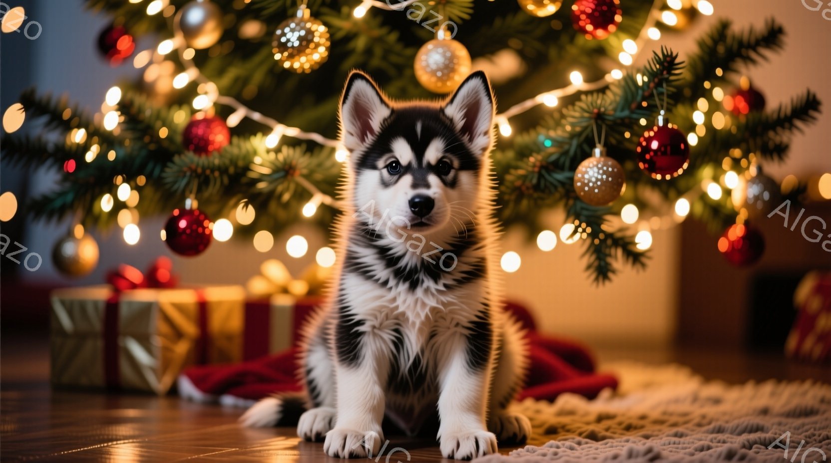 白と黒の毛並みを持つシベリアンハスキーの子犬が、クリスマスの飾り付けられたツリーの前に座っています。子犬は前足を揃え、まっすぐ前を見ており、その表情は好奇心と少しの戸惑いが混ざったように見えます。背景 - AI生成フリー素材