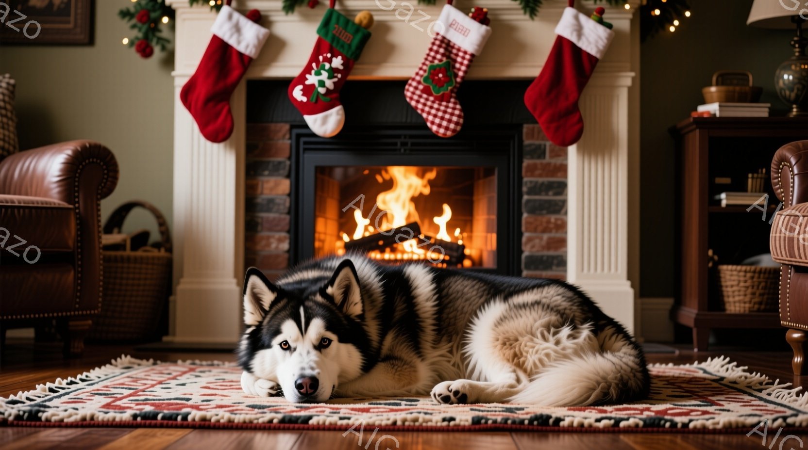 暖炉の前で、シベリアンハスキーが敷物の上で横になっています。犬はリラックスした様子で、落ち着いた表情をしています。背景には、クリスマスソックスが飾られた暖炉、木製の床、そして落ち着いた色の壁が見え、温 - AI生成フリー素材