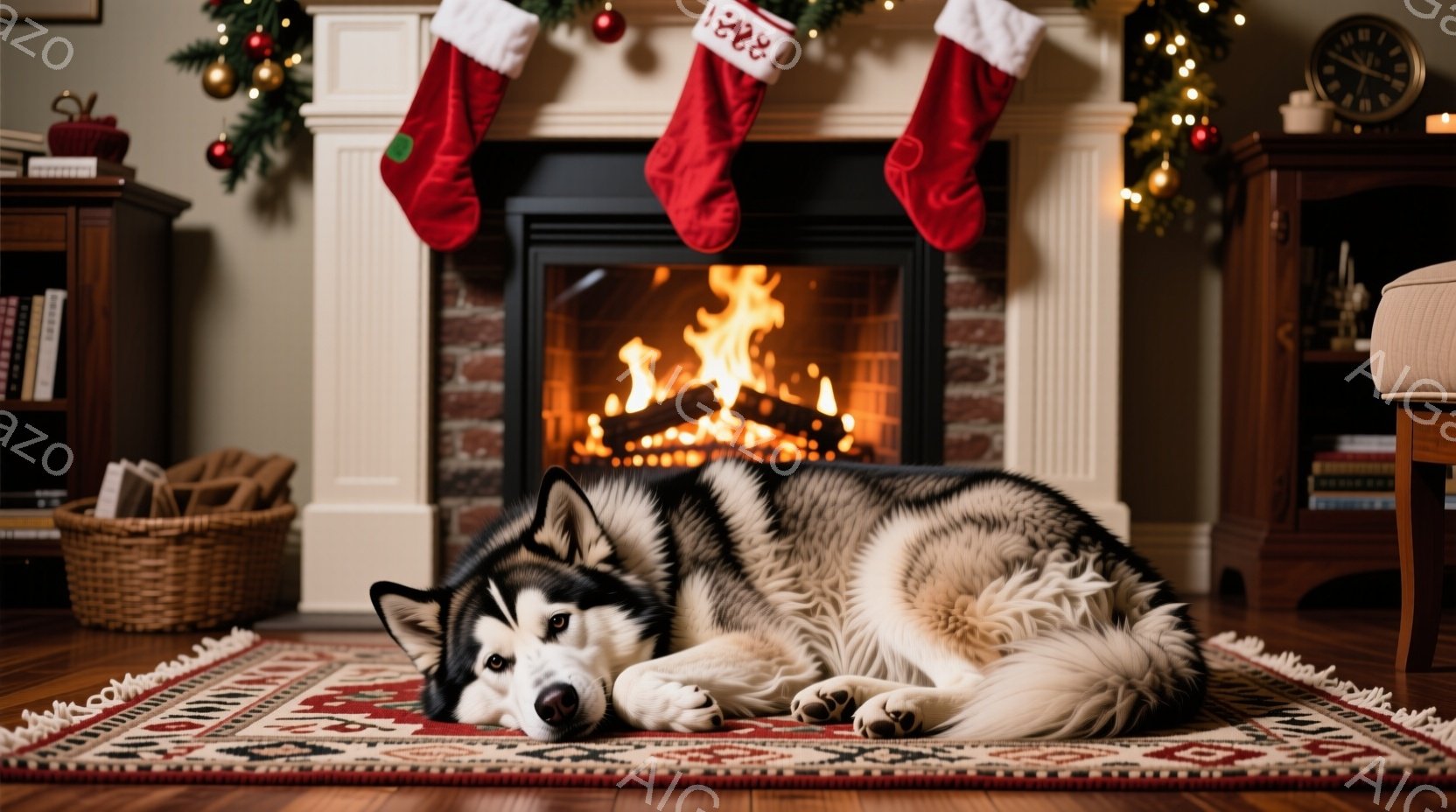 暖炉の前に敷かれた敷物の上で、シベリアンハスキーがリラックスして横たわっています。背景には、クリスマス飾りと赤い靴下が暖炉に掛けられ、温かく心地よい雰囲気が漂っています。部屋は木製の家具で飾られており、全体的に暖色系の色調で、穏やかで居心地の良い冬の光景が表現されています。