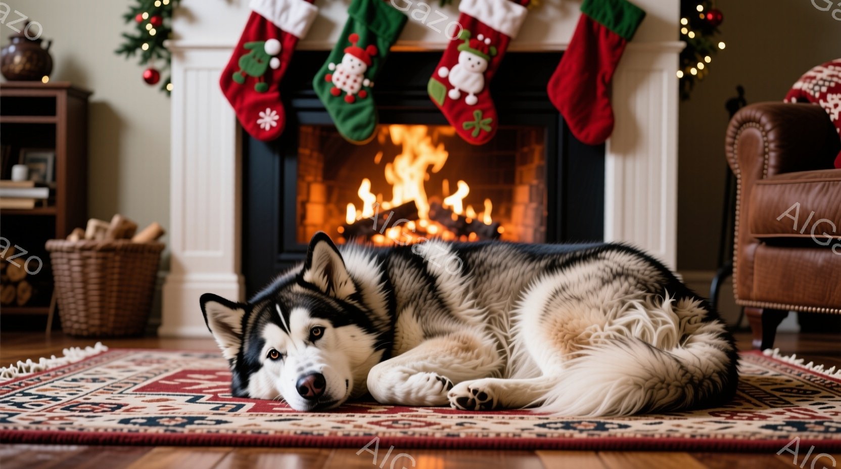 暖炉の前でシベリアンハスキーがカーペットの上に横たわっています。クリスマス柄の靴下が暖炉に飾られ、部屋全体が温かく、居心地の良い雰囲気に包まれています。木製の家具と赤いカーペットが、冬の休暇の季節感を - AI生成フリー素材
