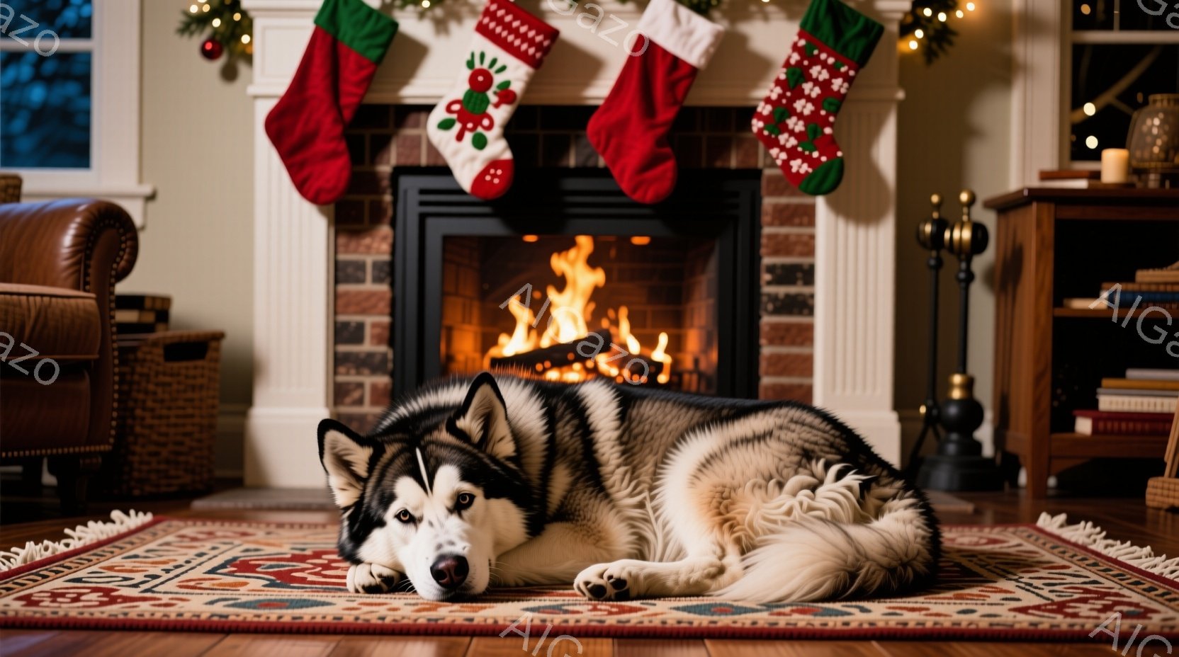 暖炉の前でハスキー犬がカーペットの上に横たわっています。犬はリラックスした様子で、やや眠そうな表情をしています。背景にはクリスマスソックスが飾られ、暖炉の火が暖かく、居心地の良い雰囲気を醸し出していま - AI生成フリー素材