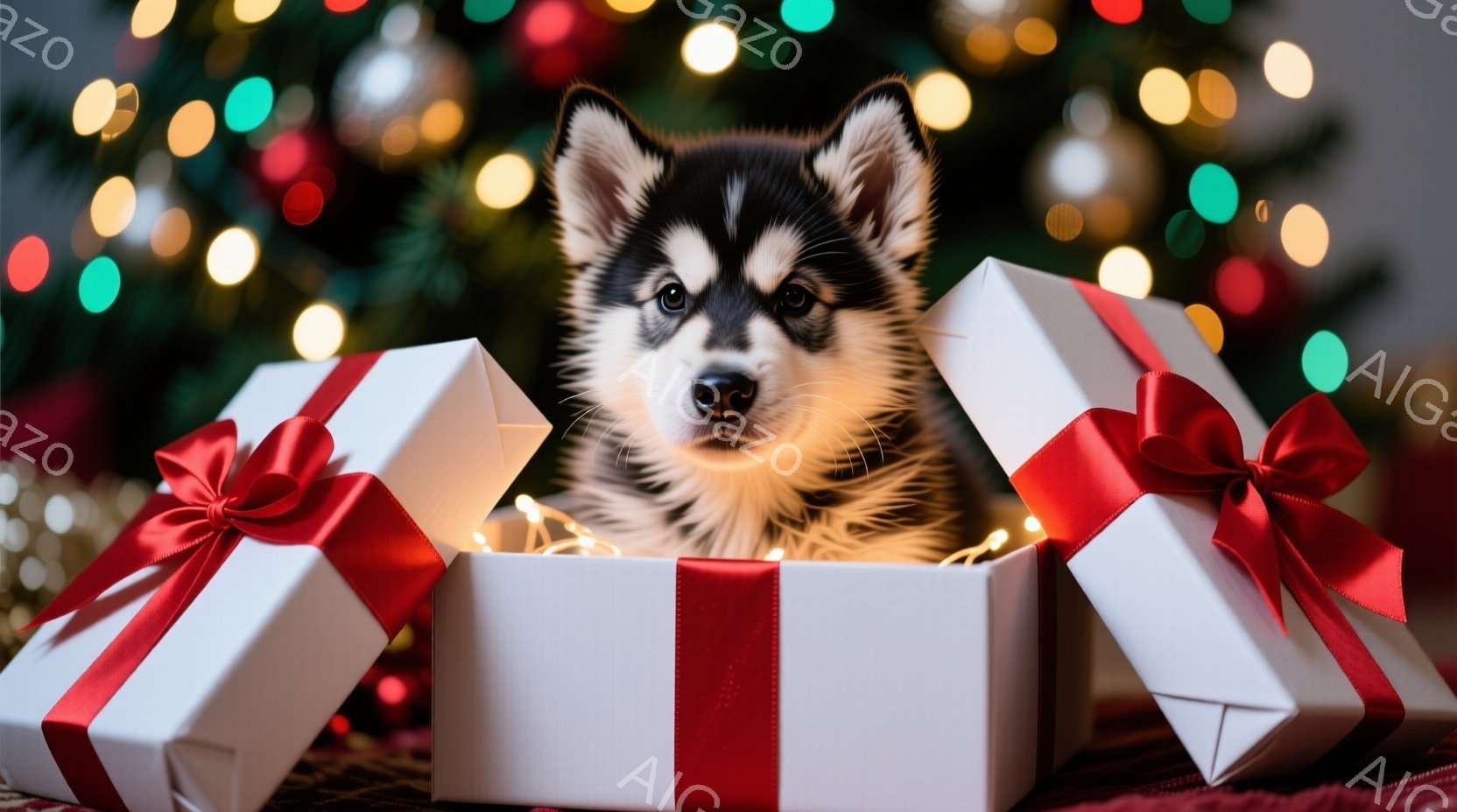 白いギフトボックスの中から、可愛らしいハスキーの子犬が顔を出しています。子犬は少し驚いたような表情で、好奇心旺盛にこちらを見ています。背景にはキラキラと輝くクリスマスツリーのライトがあり、温かくお祝い - AI生成フリー素材