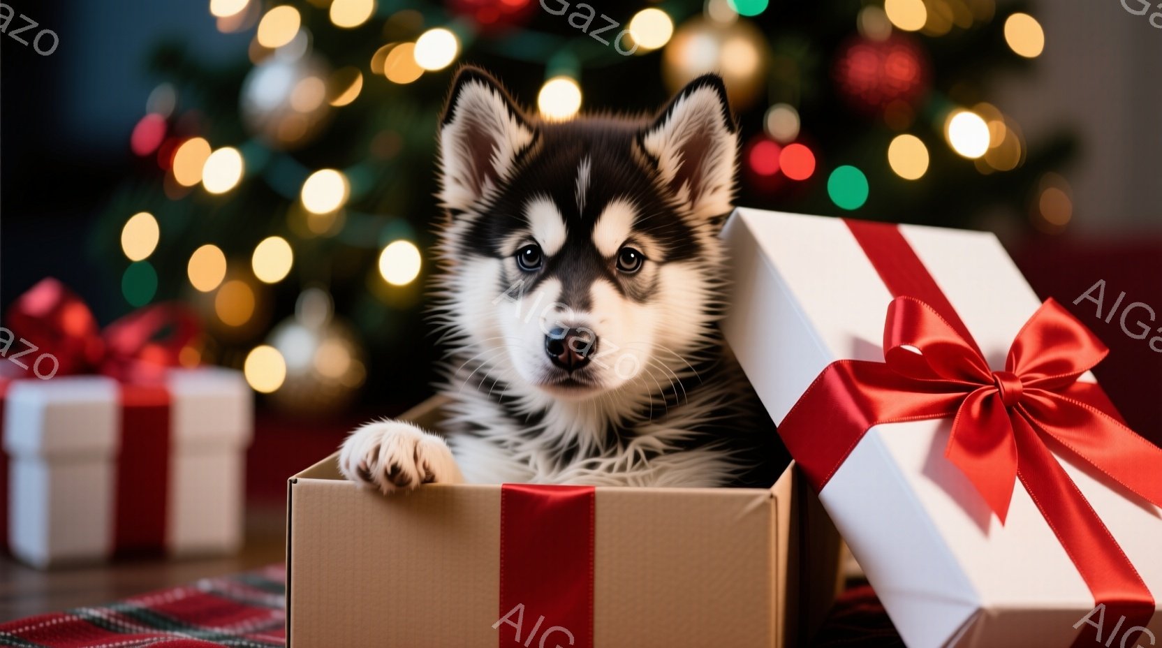 白と黒の毛並みを持つ子犬が、赤いリボンで飾られた開いたギフトボックスの中に座っています。子犬は正面を見つめ、好奇心と遊び心のある表情を浮かべています。背景には、ぼやけたクリスマスツリーと他のギフトボッ - AI生成フリー素材