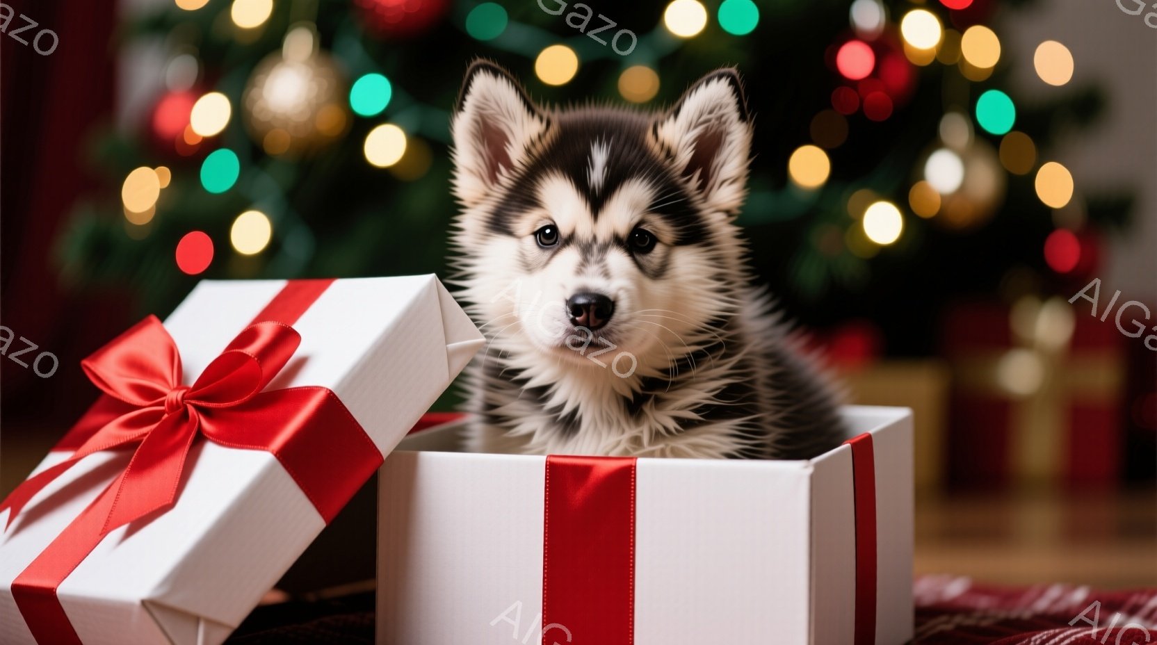 白いギフトボックスの中に、毛並みの美しい子犬が丸まって座っています。黒と白のコントラストが特徴的な毛並みで、つぶらな瞳でこちらを見つめており、愛らしい表情をしています。背景にはぼやけたクリスマスツリー - AI生成フリー素材