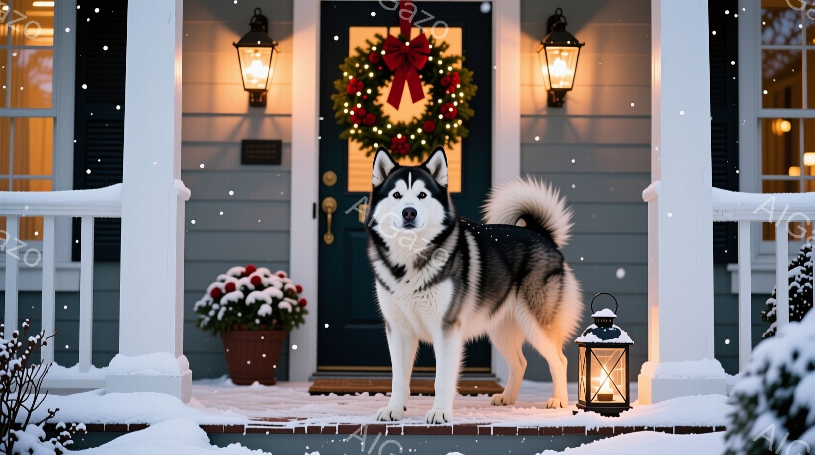 白と黒の美しいハスキー犬が雪に覆われた家の正面のポーチに堂々と立っている。背景にはクリスマスリースが飾られた玄関ドア、そして点灯されたランタンがあり、冬の暖かな雰囲気を醸し出している。雪景色と犬の凛々 - AI生成フリー素材