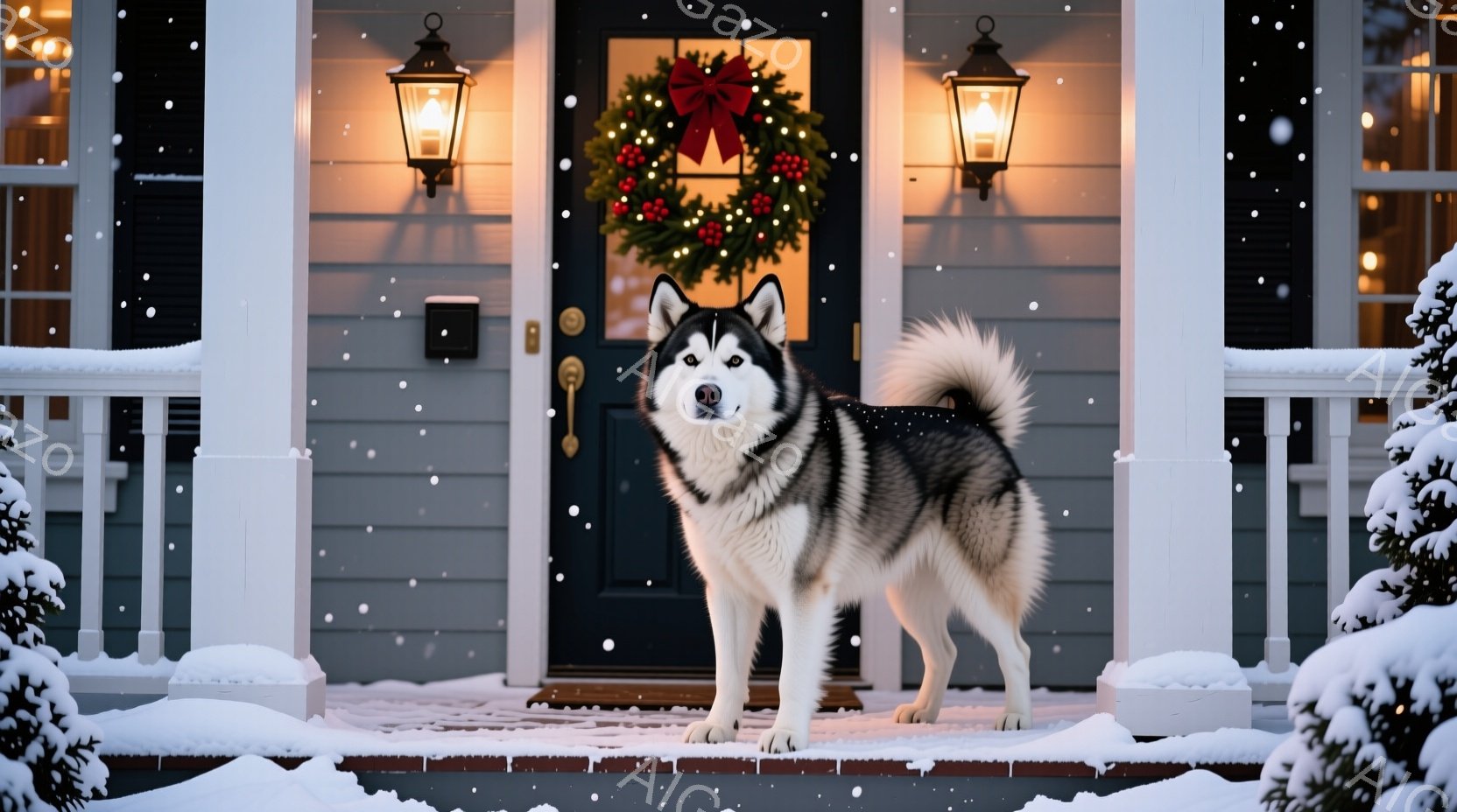 白と黒のシベリアンハスキーが、雪で覆われた家の正面玄関の前に立っている。玄関にはクリスマスリースが飾られ、雪が静かに降っていることから、冬の穏やかなクリスマスの雰囲気が漂う。ハスキーは正面を向き、凛々 - AI生成フリー素材