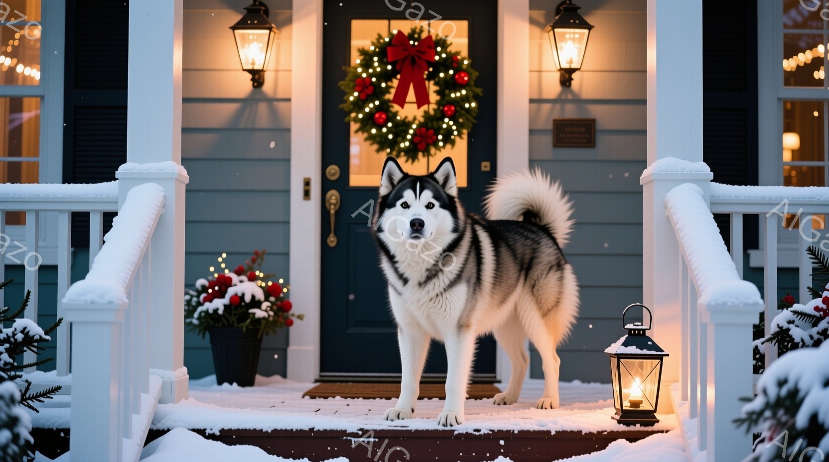 白と黒の美しいシベリアンハスキーが、雪で覆われた家の外階段に堂々と立っている。背景にはクリスマスリースが飾られた玄関ドアがあり、暖かな光を放つランタンが階段の横に置かれている。雪が舞う冬の夜の、穏やかで祝祭的な雰囲気である。