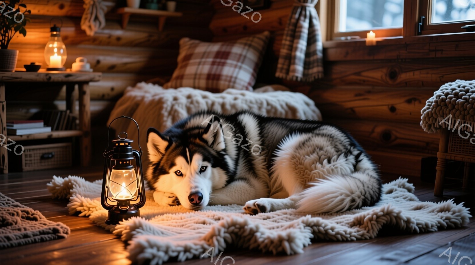 シベリアンハスキーが、暖かい毛布の上に横たわってリラックスしています。部屋は木製の壁と床で覆われており、暖炉やキャンドルからの柔らかな光で満たされ、居心地の良い雰囲気を醸し出しています。窓の外には雪景 - AI生成フリー素材