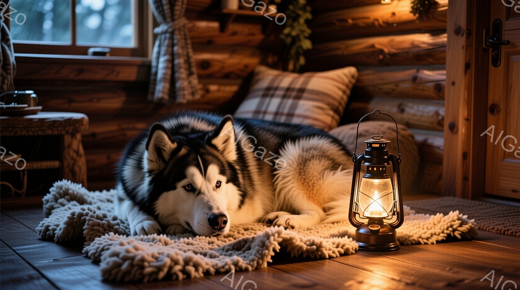 シベリアンハスキーが、暖炉のある木の家の中で、ふわふわの白いラグの上に横たわっている。背景には、チェック柄のクッションと木製の棚が見え、温かみのある光が灯っている。全体的に、静かで穏やかな、居心地の良 - AI生成フリー素材