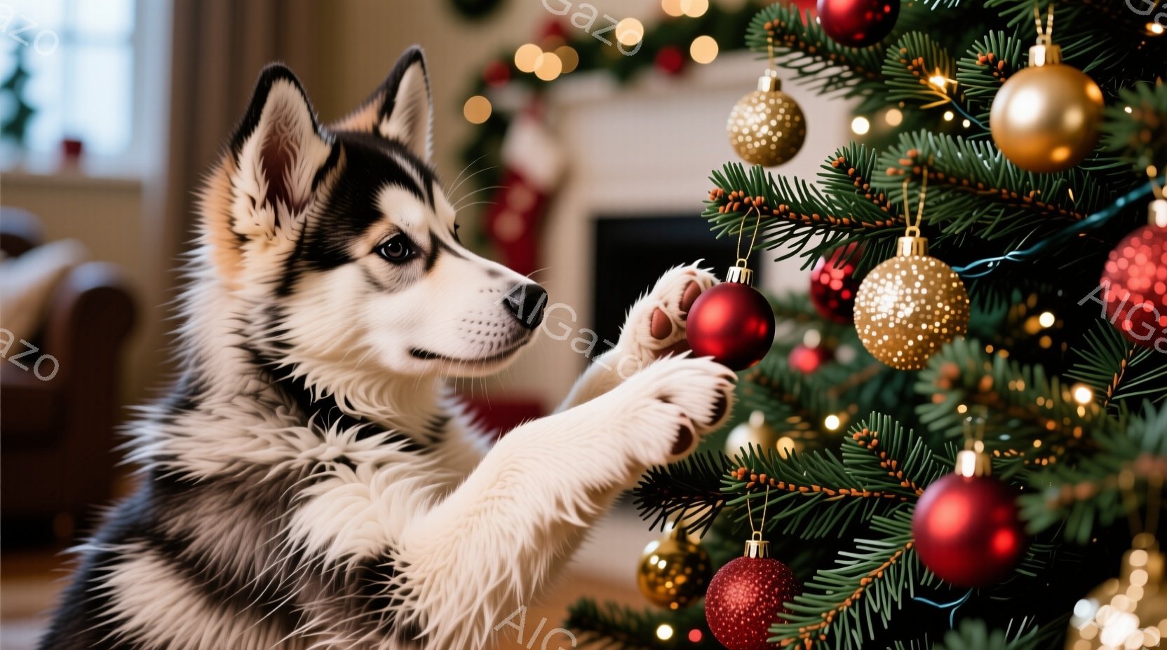 白と黒の毛並みを持つハスキー犬が、クリスマスツリーの飾りを前足で触ろうとしています。背景には暖炉とクリスマスストッキングが見え、ツリーには赤や金色のオーナメントが飾られています。全体的に暖かく、楽しい - AI生成フリー素材