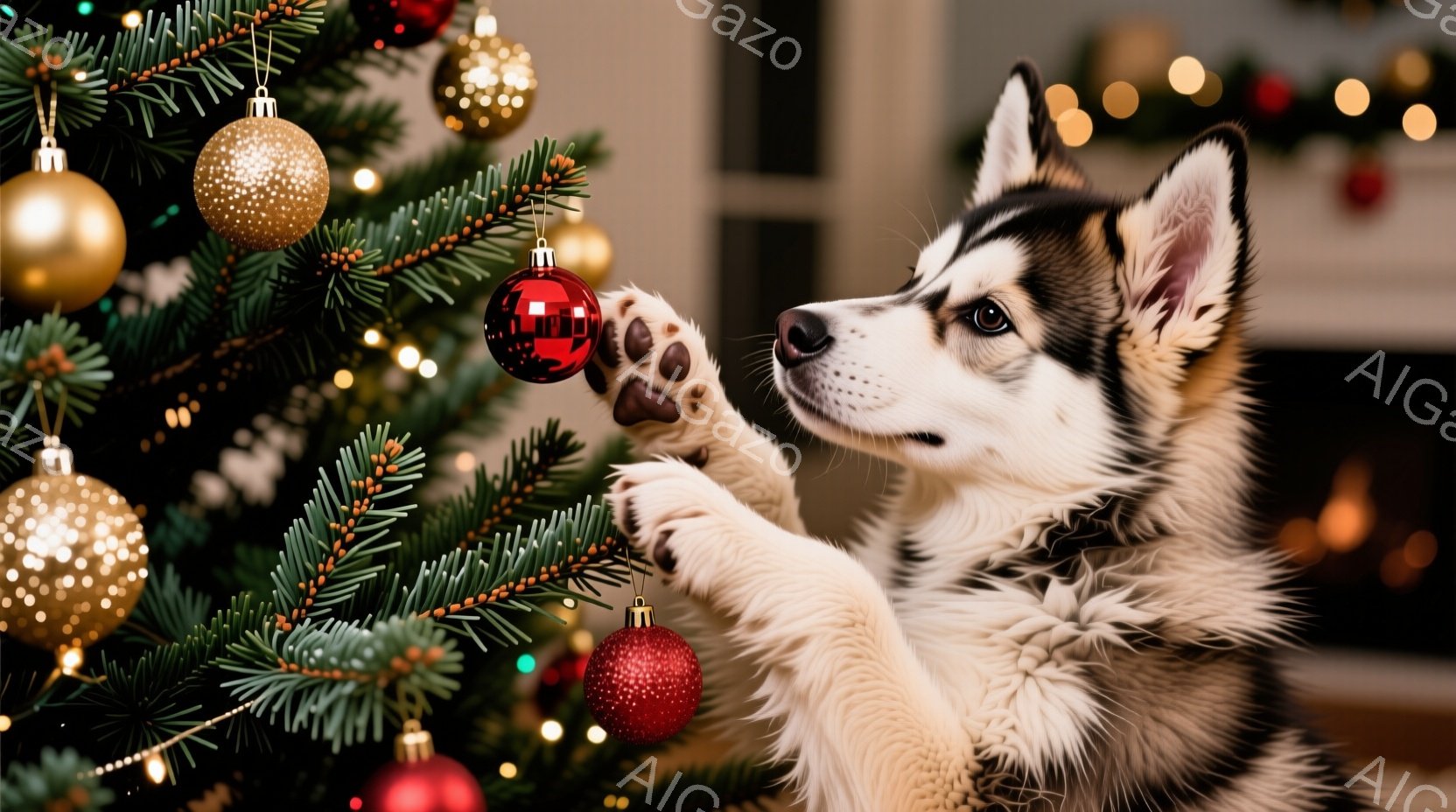 鮮やかな緑のクリスマスツリーに、白い毛並みのハスキーの子犬が前足を伸ばし、赤いオーナメントを触ろうとしています。子犬は好奇心に満ちた表情で、オーナメントを見つめており、背景にはぼやけたクリスマスツリー - AI生成フリー素材