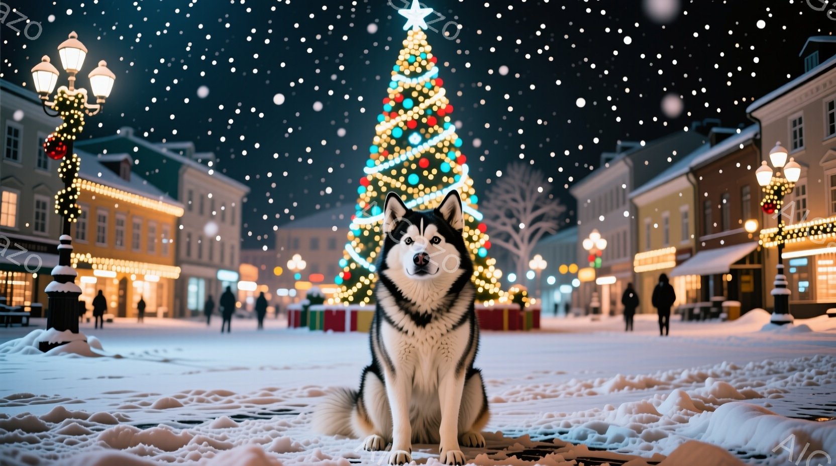 白い雪景色の中に、シベリアンハスキーが正面を向いて座っている。背景にはクリスマスツリーが輝き、通り沿いの建物もイルミネーションで彩られ、雪が静かに降り積もる冬の夜の様子が描かれている。全体的に暖かく、 - AI生成フリー素材
