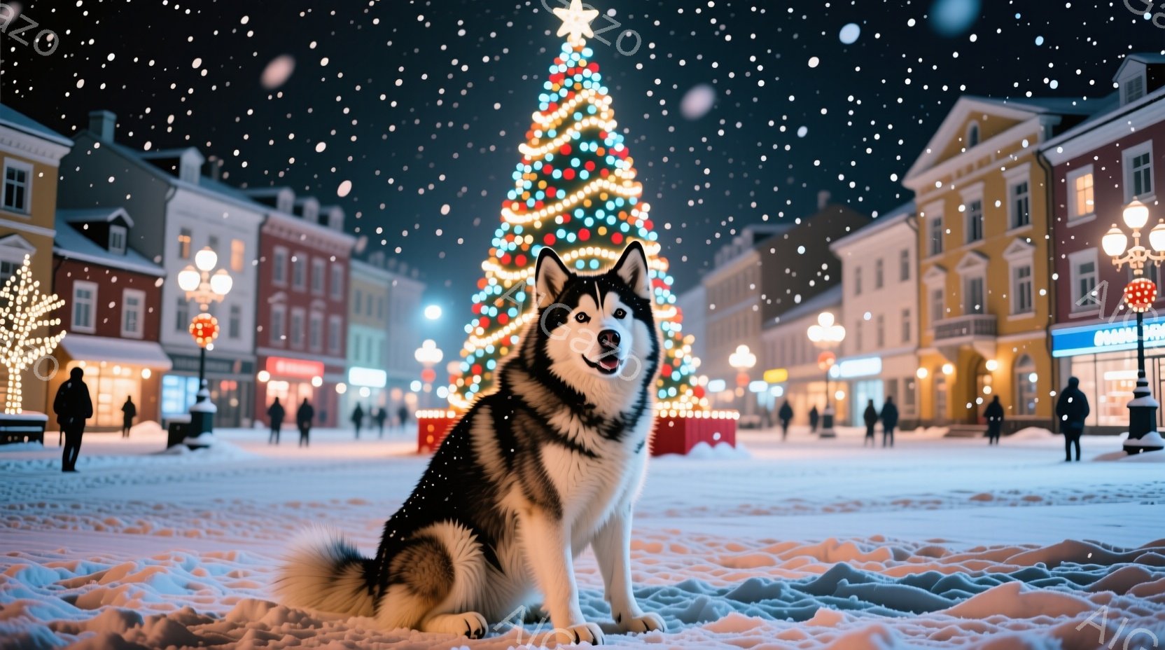 雪が降り積もる街の中心に、シベリアンハスキーが座っている。背景には、色とりどりのライトで飾られた大きなクリスマスツリーと、ヨーロッパ風の建物が並び、冬の暖かい雰囲気が漂う。ハスキーはまっすぐ前を見据え - AI生成フリー素材