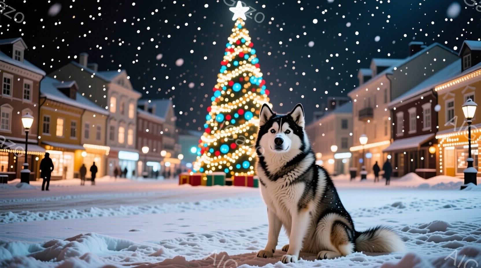 雪が降る夜の街並みの中に、シベリアンハスキーが座っています。犬は黒と白の毛並みで、まっすぐ前を見て凛々しい表情をしています。背景には、クリスマスツリーが輝き、建物が並び、雪景色が広がっており、静かで幻 - AI生成フリー素材