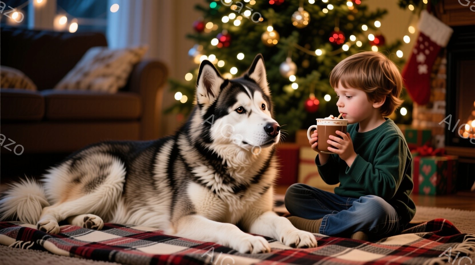少年は緑色のセーターを着て、膝を抱えて床に座り、温かい飲み物を飲んでいます。隣には、シベリアンハスキーが横たわり、正面を見ています。背景には、クリスマスツリーやプレゼントが置かれた暖炉があり、温かく、 - AI生成フリー素材