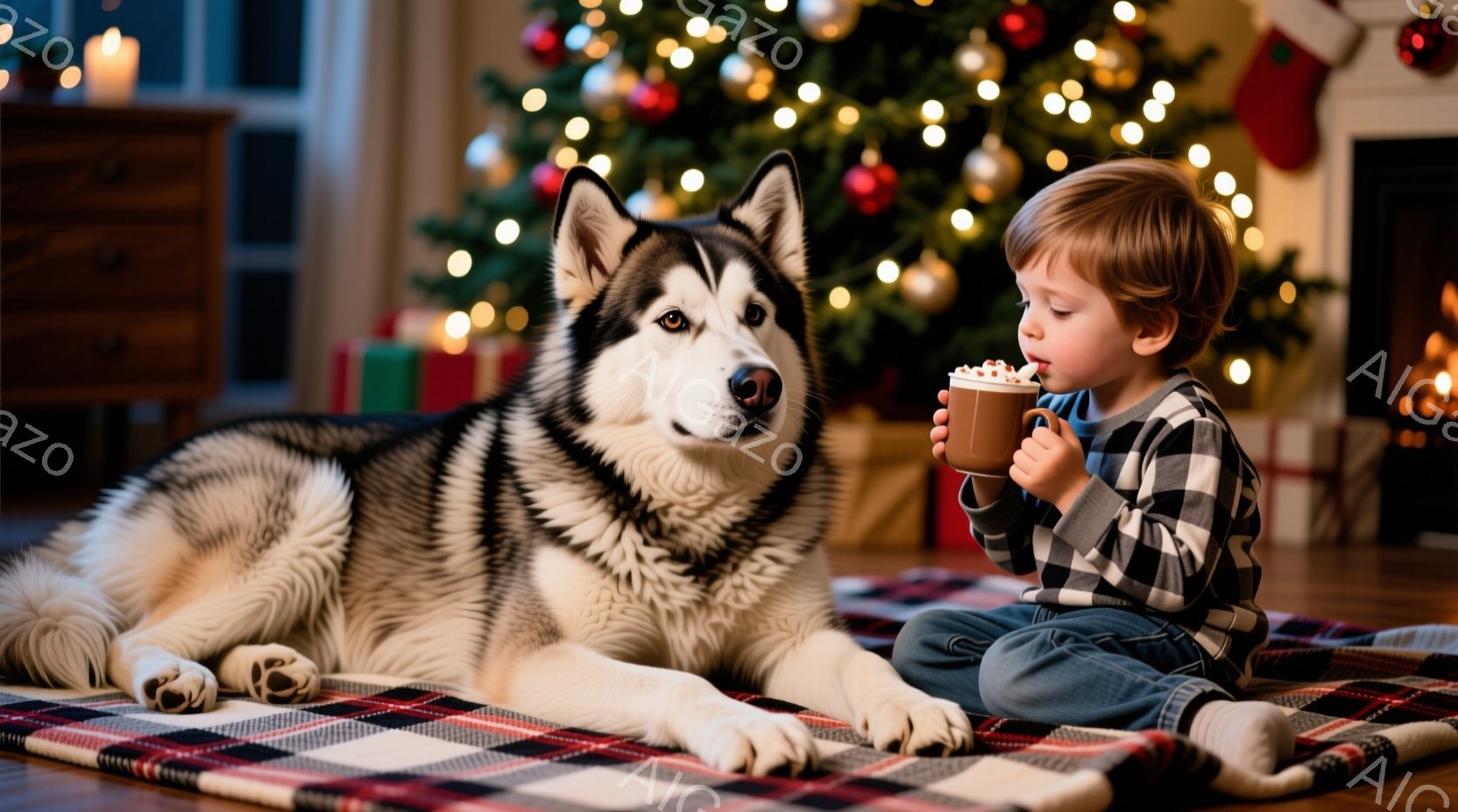 少年はチェック柄の敷物の上で座り、手を合わせて温かい飲み物を楽しんでいます。そばにはシベリアンハスキーが横たわり、少年を見つめています。背景にはクリスマスツリーが飾られ、プレゼントや暖炉が見え、温かく - AI生成フリー素材
