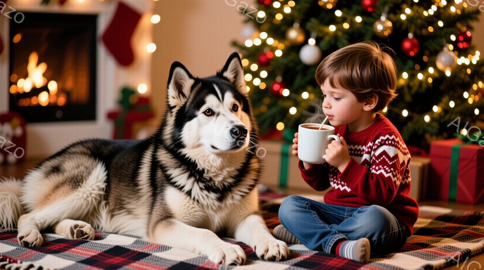 暖炉のそばの赤いチェックの敷物の上に、幼い男の子が赤いセーターを着て座り、白いカップから何かを飲んでいます。隣にはシベリアンハスキーが横たわり、男の子を見つめています。背景にはクリスマスツリーが飾られ - AI生成フリー素材
