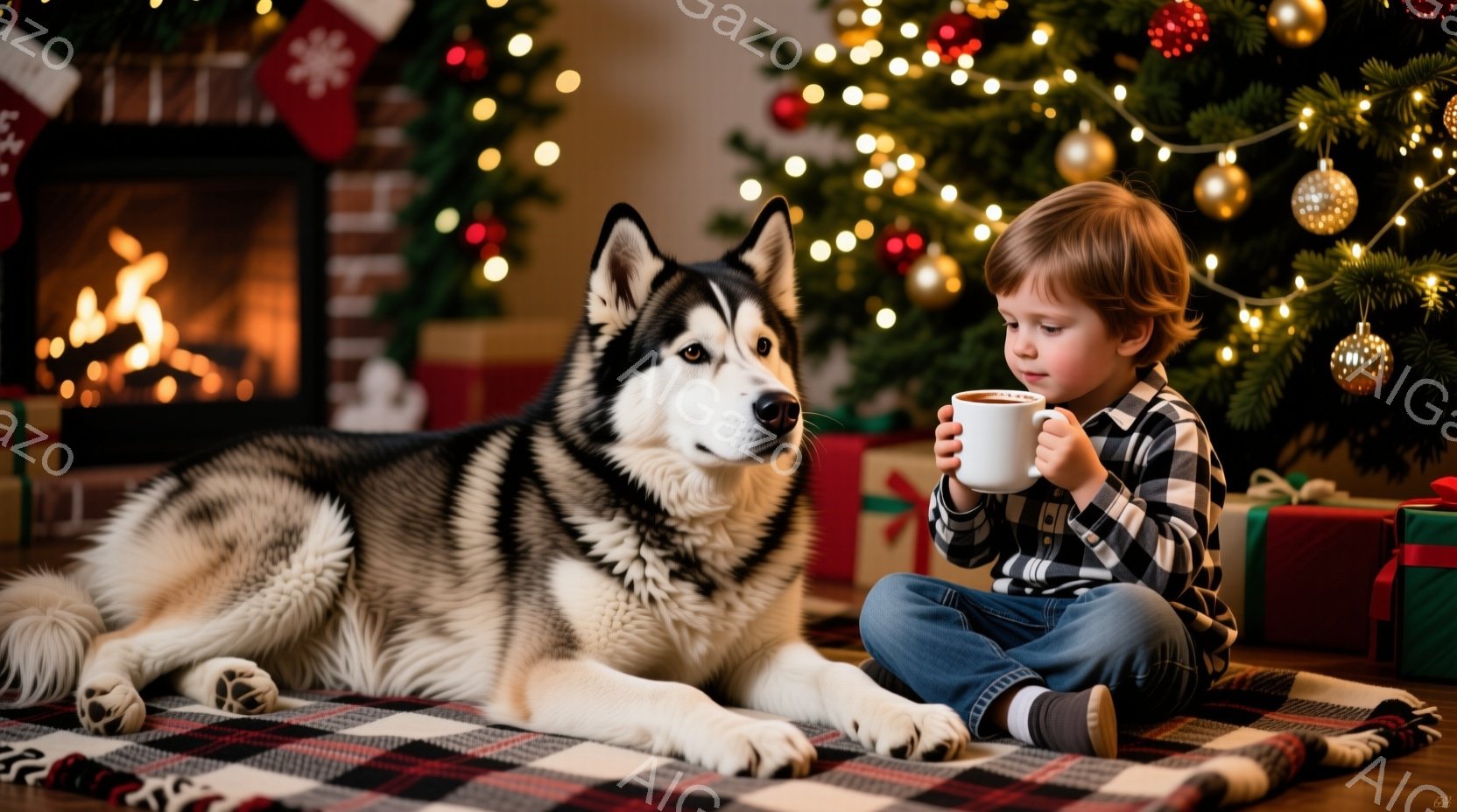 白と黒のシベリアンハスキーが雪に覆われた森の中で、装飾されたクリスマスツリーの隣に立っている。ハスキーは凛々しく、まっすぐ前を見据え、冬の森の静寂とクリスマスシーズンの暖かさが感じられる。背景には雪の - AI生成フリー素材