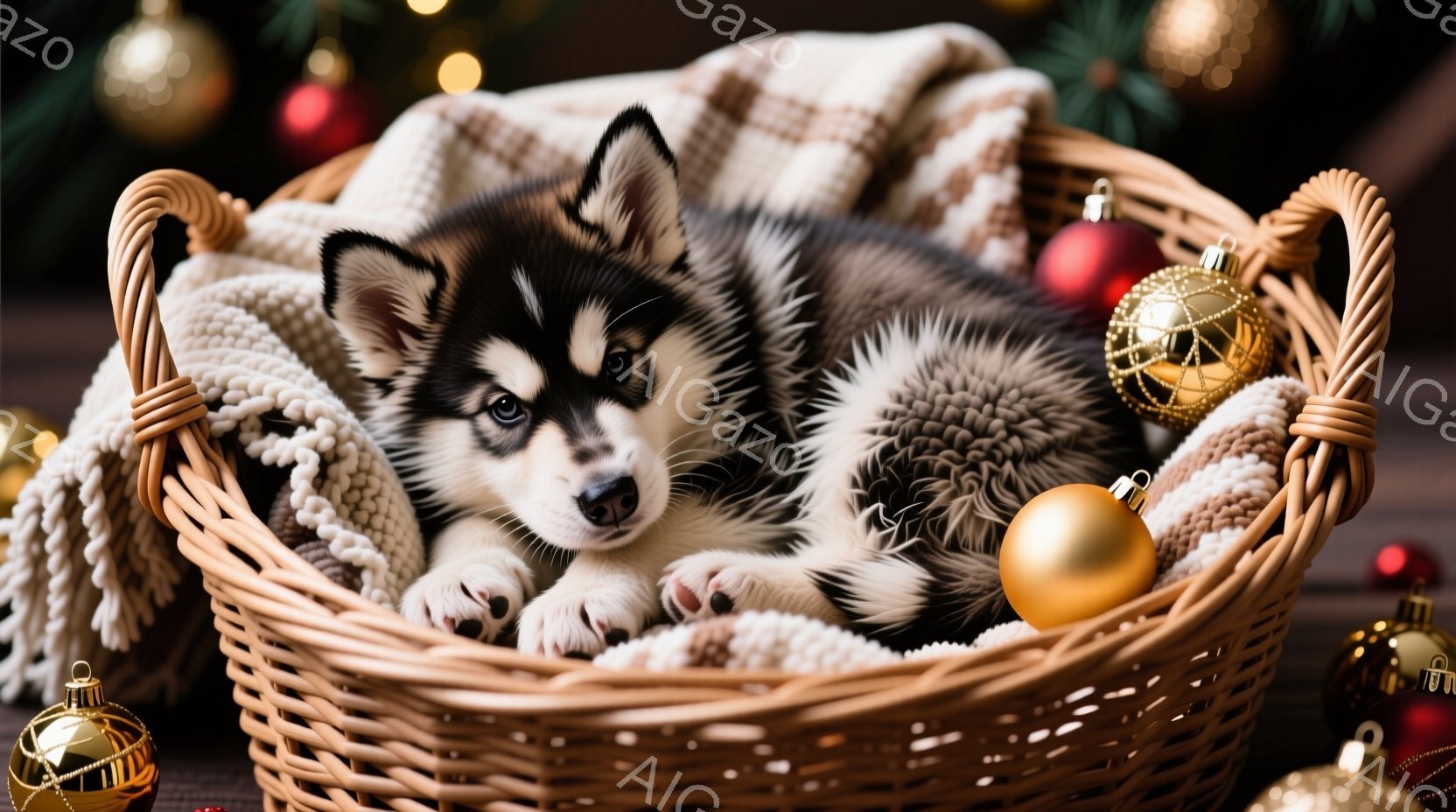 籐で編まれたバスケットの中に、ふわふわの毛並みのハスキーの子犬が丸まって眠っています。子犬は青い目をしており、リラックスした表情で、周囲にはキラキラと輝くクリスマスオーナメントが散りばめられています。 - AI生成フリー素材