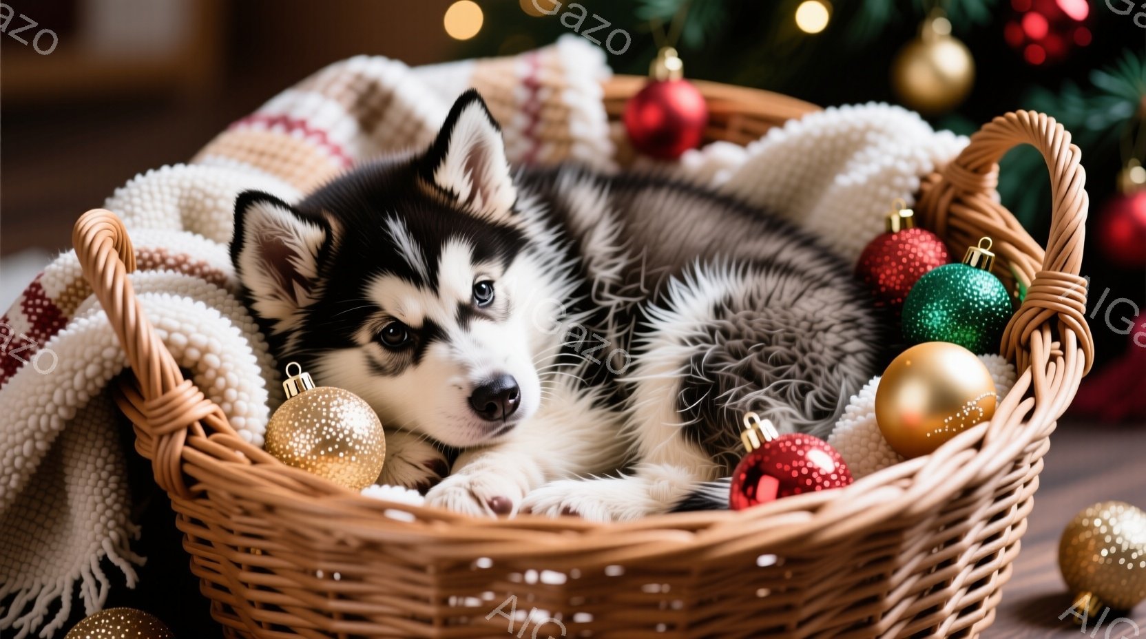籐製のバスケットの中に、ふわふわの毛並みを持つ子犬が丸まって眠っています。子犬は黒と白の毛並みで、鋭い青い目をしており、とても愛らしい表情をしています。背景には、クリスマスツリーとキラキラ光るオーナメ - AI生成フリー素材