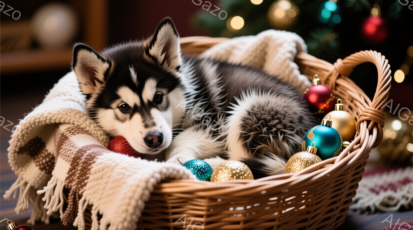 籠の中にハスキーの子犬が丸まって眠っている様子が写っています。子犬はふわふわの毛並みで、赤い毛布に包まれ、周囲にはクリスマスオーナメントが散りばめられています。背景はぼやけていますが、クリスマスツリーの光がちらつき、暖かく、穏やかな雰囲気が漂っています。