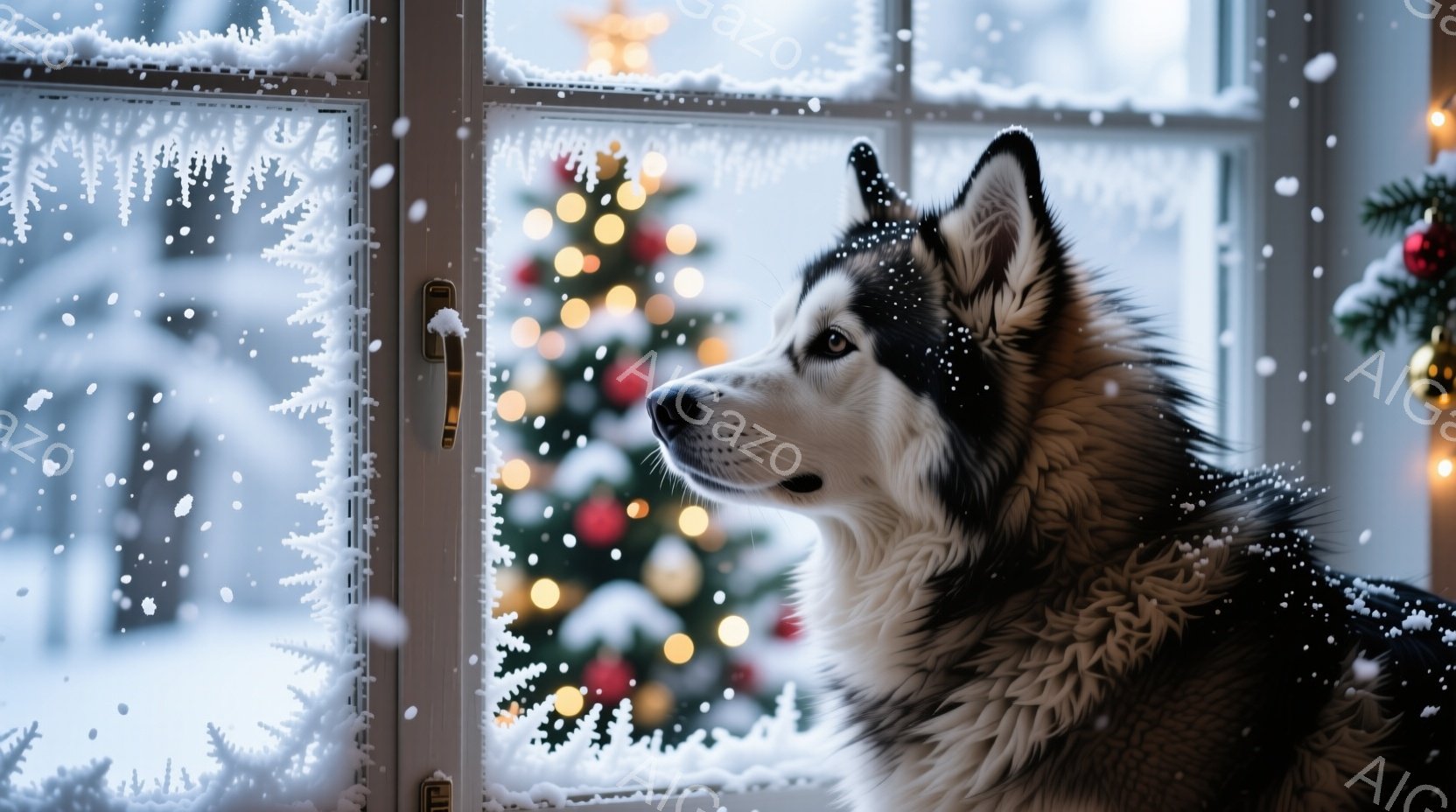 白いフレームの窓から雪景色を眺める、毛並みの美しいシベリアンハスキーが写っている。ハスキーは横顔で、遠くを見つめるような、穏やかで物憂げな表情をしている。背景にはぼやけたクリスマスツリーの光が暖かく、 - AI生成フリー素材