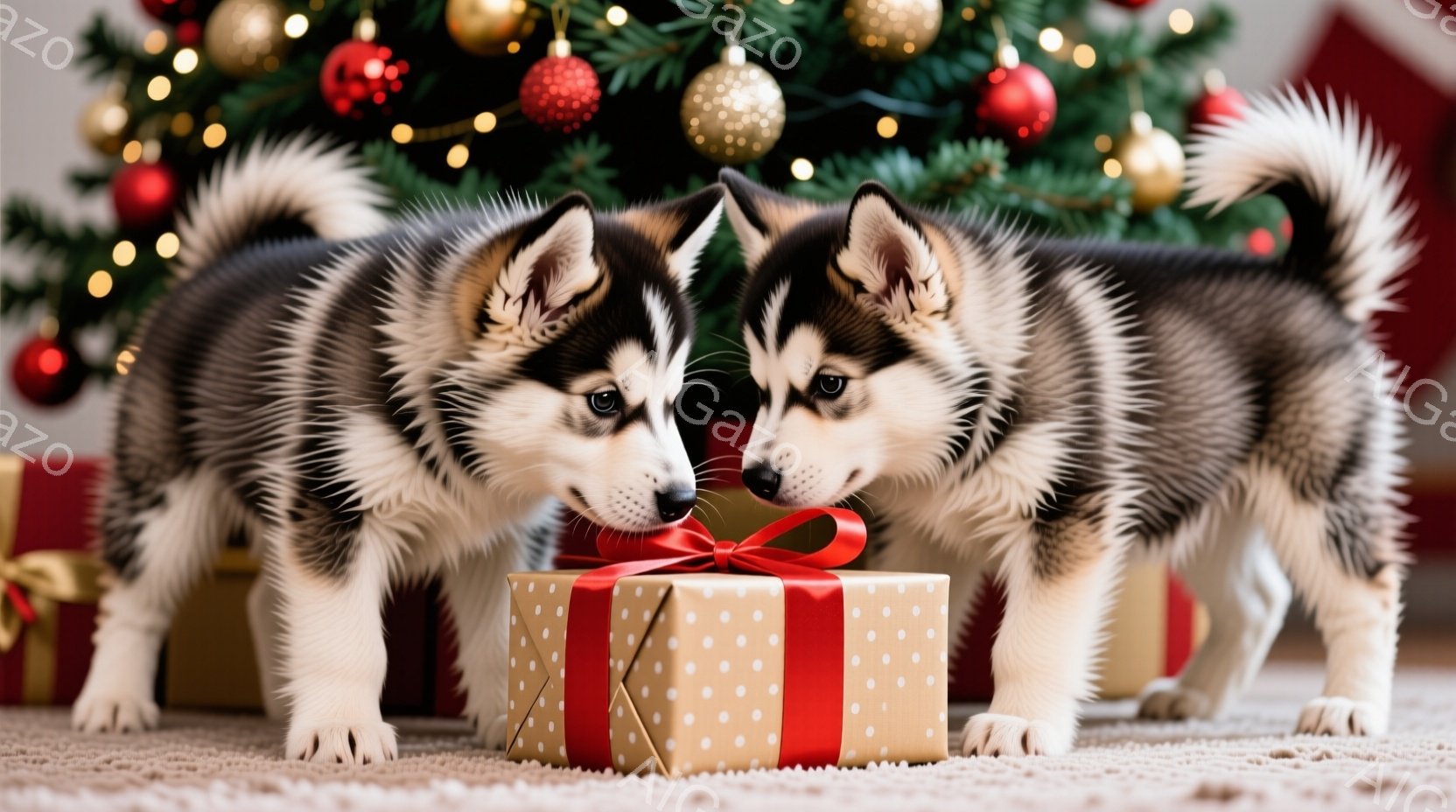 2匹の子犬がプレゼントの箱の周りに集まっています。子犬たちは白い足と灰色の毛並みで、鼻を箱に近づけて興味津々な表情をしています。背景にはクリスマスツリーとプレゼントの山があり、暖かくお祝いムードに満ちた雰囲気です。