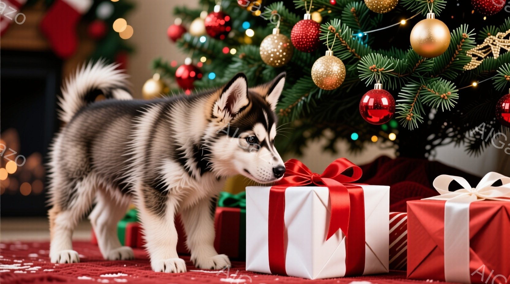 暖炉のそばに置かれたプレゼントボックスの周りで、小さなハスキーの子犬が鼻を近づけています。子犬は白、黒、灰色の毛並みで、好奇心と遊び心に満ちた表情をしています。背景には、装飾が施されたクリスマスツリー - AI生成フリー素材