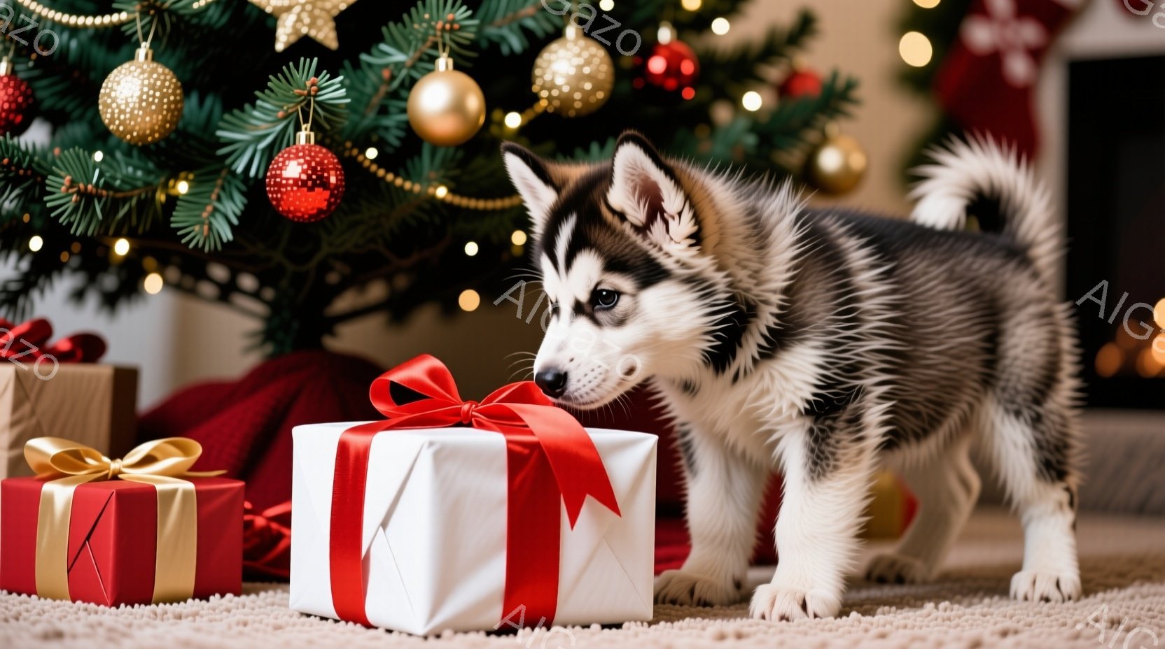 雪を背景に、鮮やかな黒と白の毛並みを持つシベリアンハスキーが座っています。その表情は穏やかで、どこか自信に満ち溢れているように見えます。背景には、クリスマスライトで飾られた温かみのあるキャビンと、雪に - AI生成フリー素材