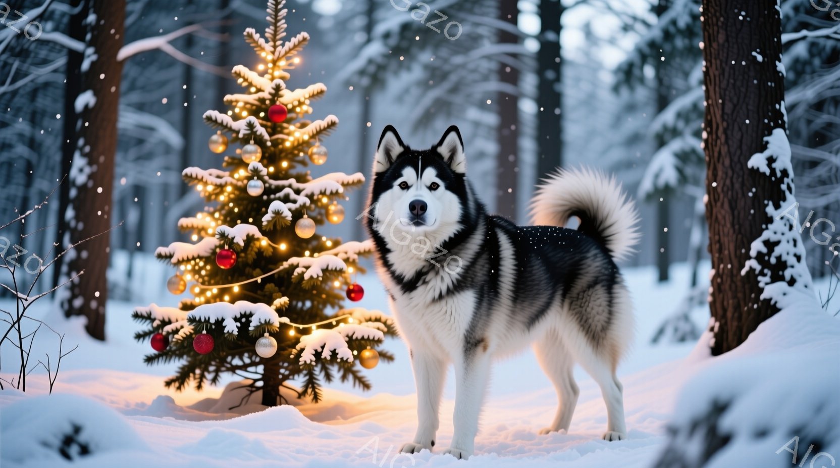雪景色の中に、黒と白のシベリアンハスキーが立っている。背景には、赤いオーナメントで飾られたクリスマスツリーがあり、雪が舞っている。ハスキーは自信に満ちた表情で正面を見据え、冬の静寂とクリスマスの温かい - AI生成フリー素材
