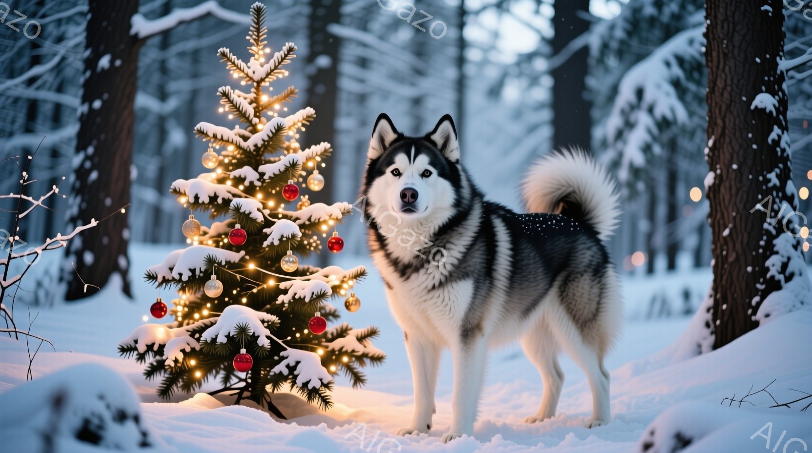 白と黒のシベリアンハスキーが雪景色の中でクリスマスツリーの隣に立っています。ツリーは飾り付けられ、雪が降り積もる森の中は幻想的な雰囲気を醸し出しています。ハスキーは凛々しい表情でカメラを見つめ、冬の静 - AI生成フリー素材