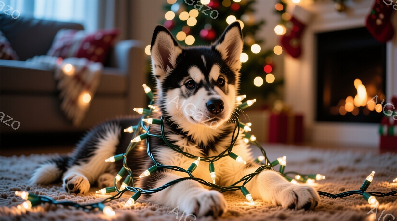 白と黒の毛並みを持つ子犬が、クリスマスのイルミネーションライトに絡まりながらカーペットの上に横たわっています。子犬はリラックスした表情で、少し困惑したような可愛らしい視線を向けています。背景にはクリス - AI生成フリー素材