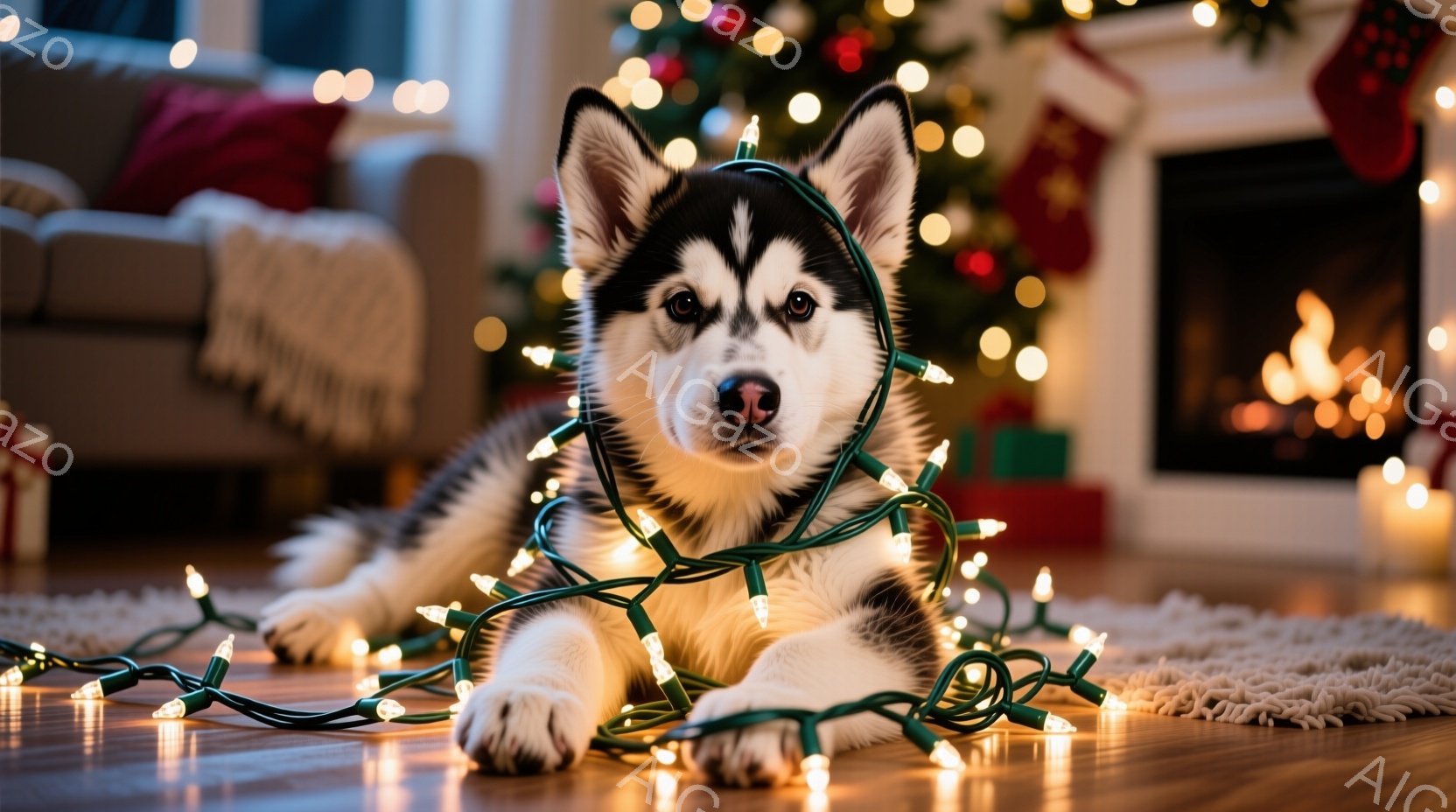 白と黒の毛並みのシベリアンハスキーの子犬が、キラキラと輝く緑色のクリスマスライトに絡まって床に横たわっています。背景には、明るく飾られたクリスマスツリーと暖炉の炎が見え、暖かく居心地の良い雰囲気を作り - AI生成フリー素材