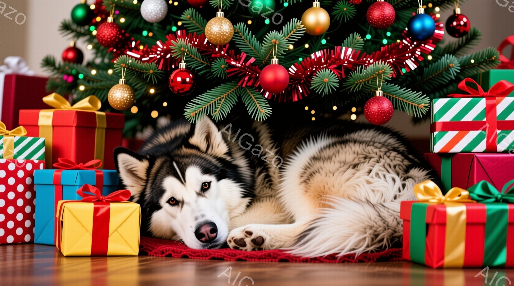 シベリアンハスキーがクリスマスツリーの下に置かれたプレゼントの周りに横たわっています。犬はリラックスした様子で、暗い色の毛並みが特徴的です。背景には、様々な色のオーナメントで飾られた緑のクリスマスツリ - AI生成フリー素材