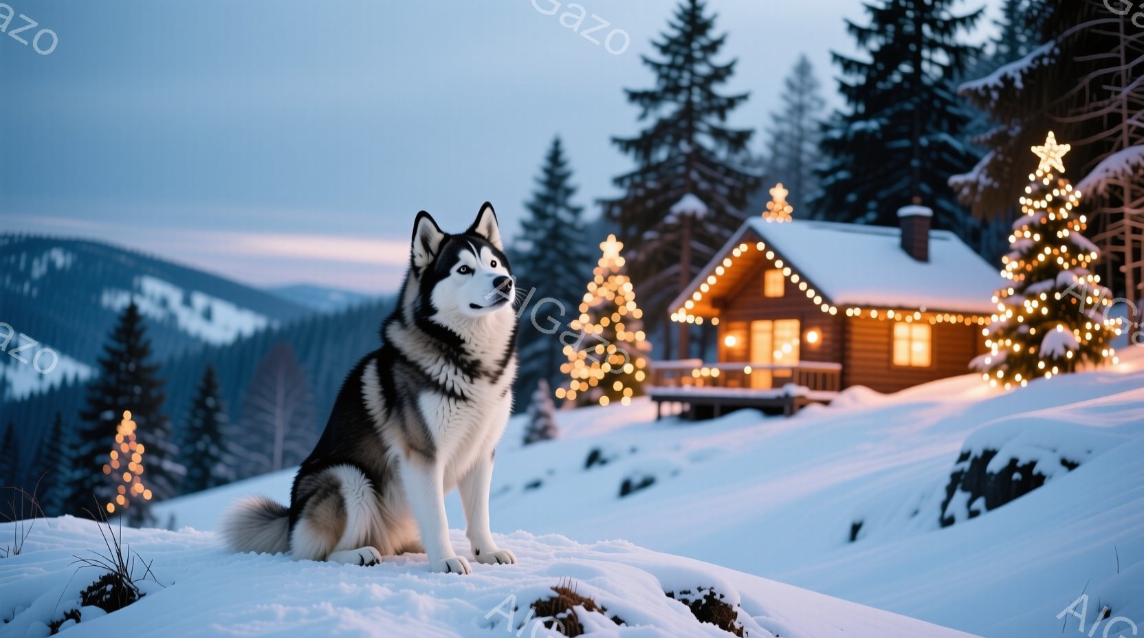 雪景色の中に、美しいシベリアンハスキーが座っています。ハスキーは黒と白の毛並みで、落ち着いた表情で遠くを見つめています。背景には、クリスマスライトで飾られた可愛らしい丸太小屋と、雪をまとった木々が広が - AI生成フリー素材