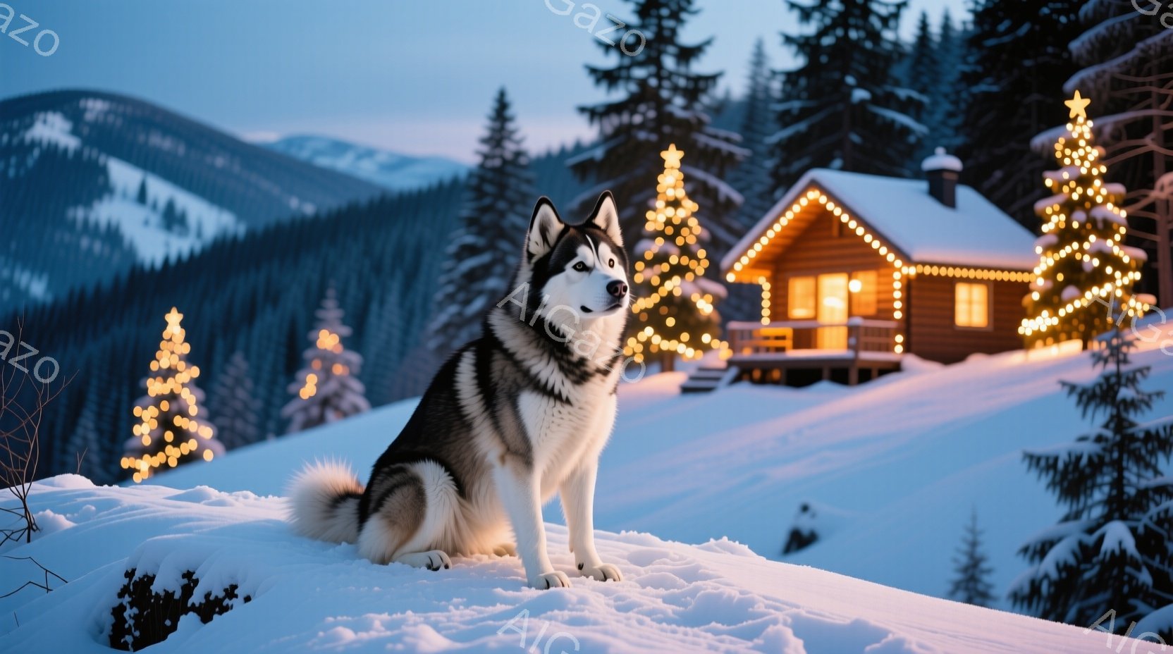雪に覆われた丘の上に、黒と白の美しいシベリアンハスキーが座っています。ハスキーは落ち着いた表情で正面を見つめ、ふさふさの尾が特徴的です。背景には、クリスマスツリーのようにライトアップされた木々と、暖か - AI生成フリー素材